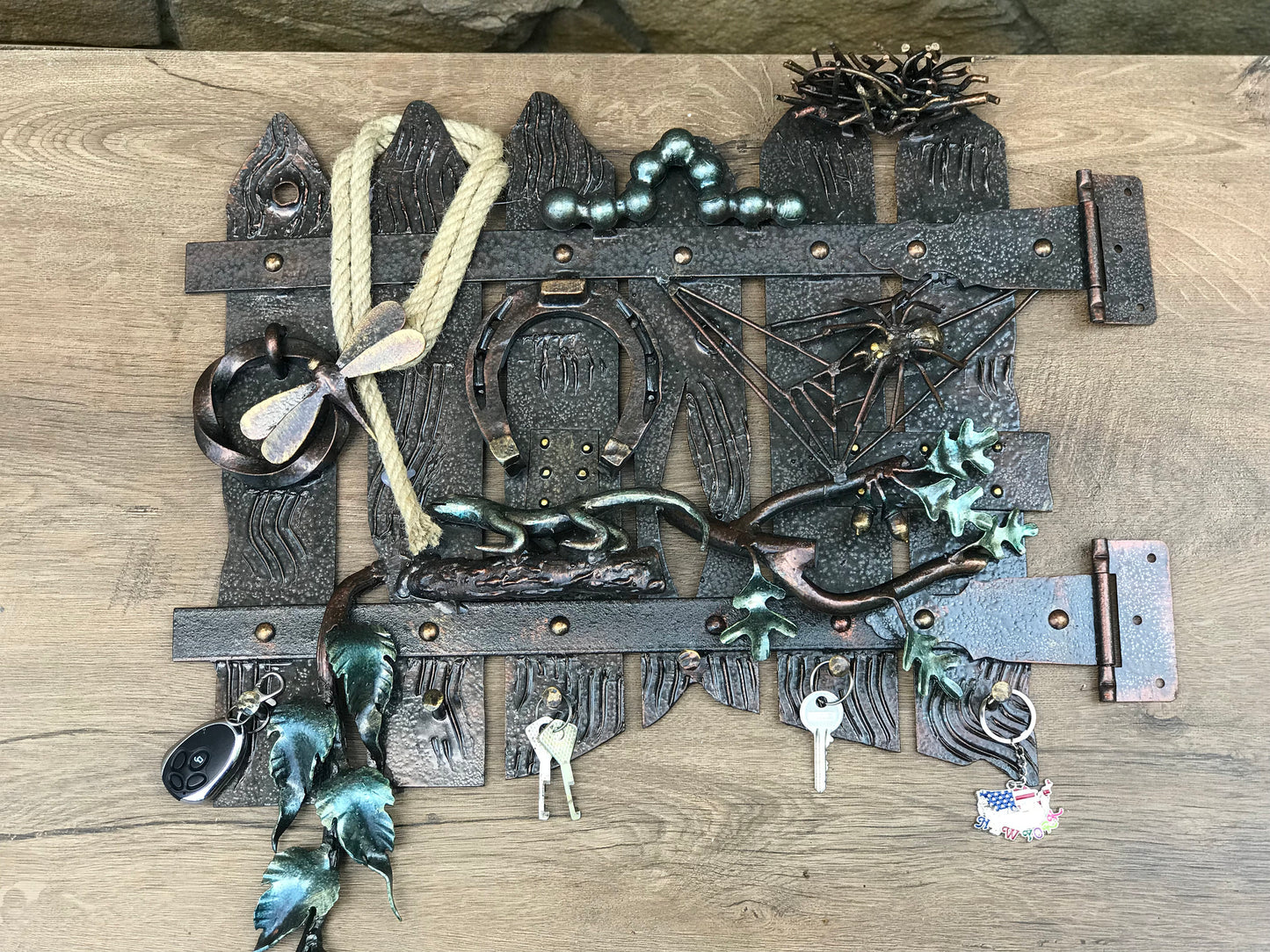 Iron gift, key holder, key organizer, catepillar, nest, rope, spider, oak, acorn, dragonfly, entrance decor, hallway decor, iron decor, axe