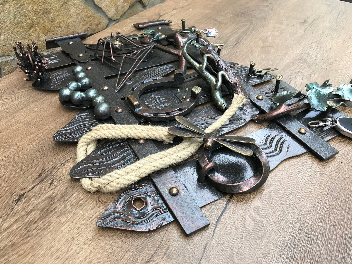 Iron gift, key holder, key organizer, catepillar, nest, rope, spider, oak, acorn, dragonfly, entrance decor, hallway decor, iron decor, axe