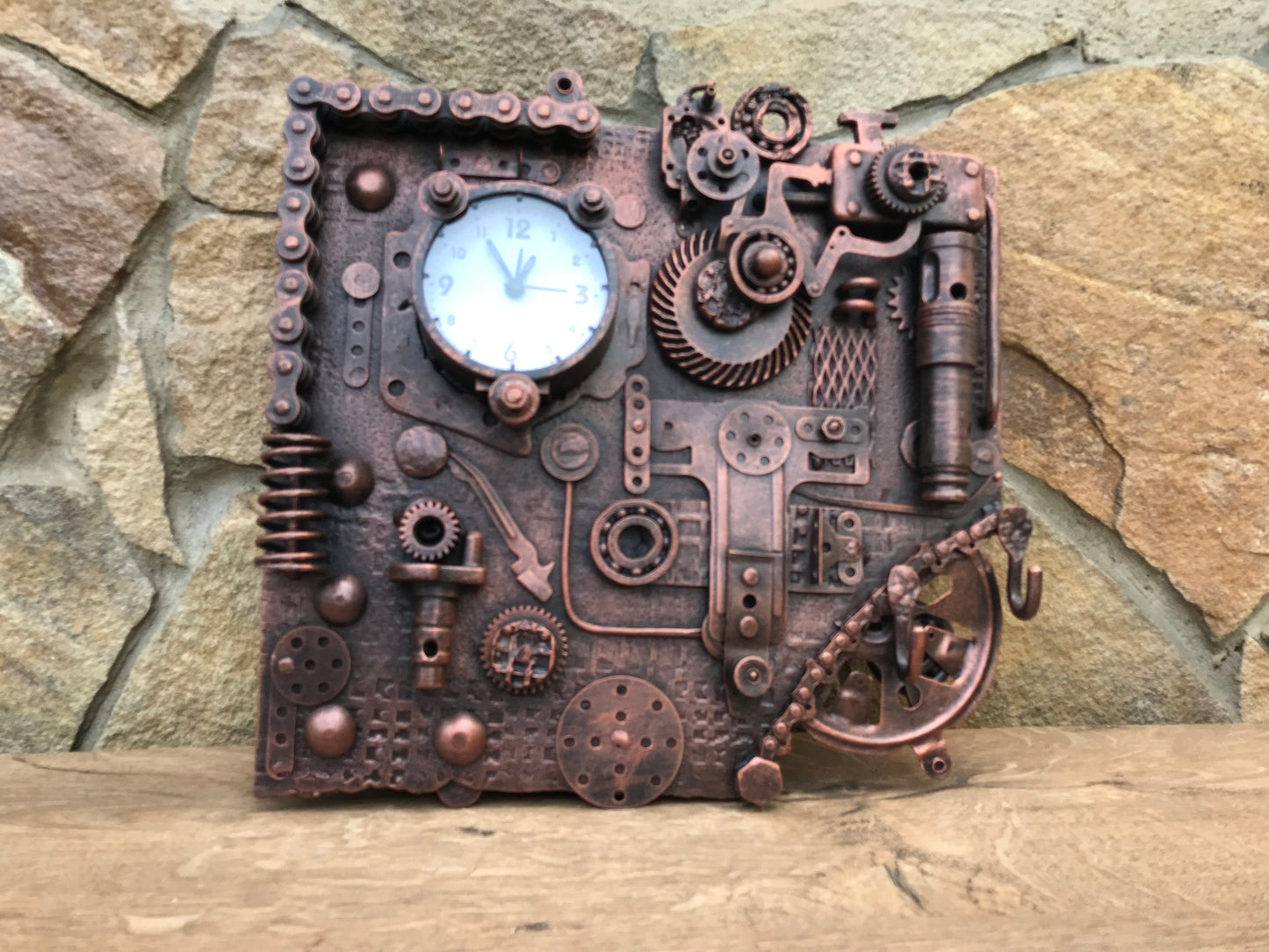 Steampunk wall clock, steampunk clock, steampunk, hooks, shelf, rack, hallway decor, steampunk hooks, wall hooks, industrial decor, clock