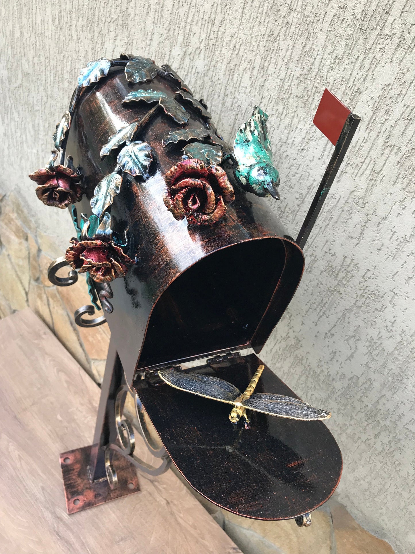 Mail box, mailbox, viking axe, floral decor, iron rose, iron bird, ivy, fairy, wedding mailbox, mail box post, fairy garden, dragonfly, axe