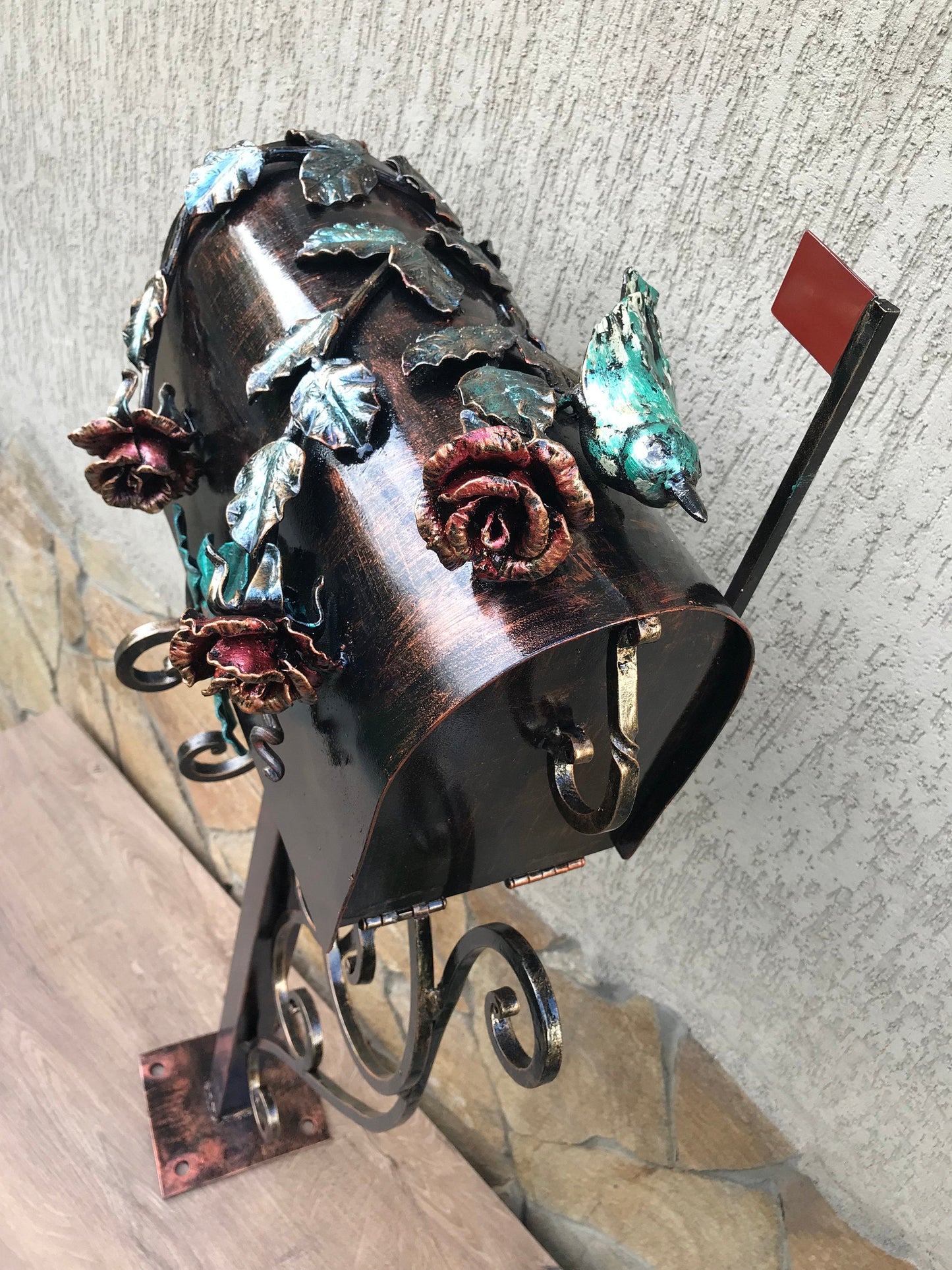 Mail box, mailbox, viking axe, floral decor, iron rose, iron bird, ivy, fairy, wedding mailbox, mail box post, fairy garden, dragonfly, axe