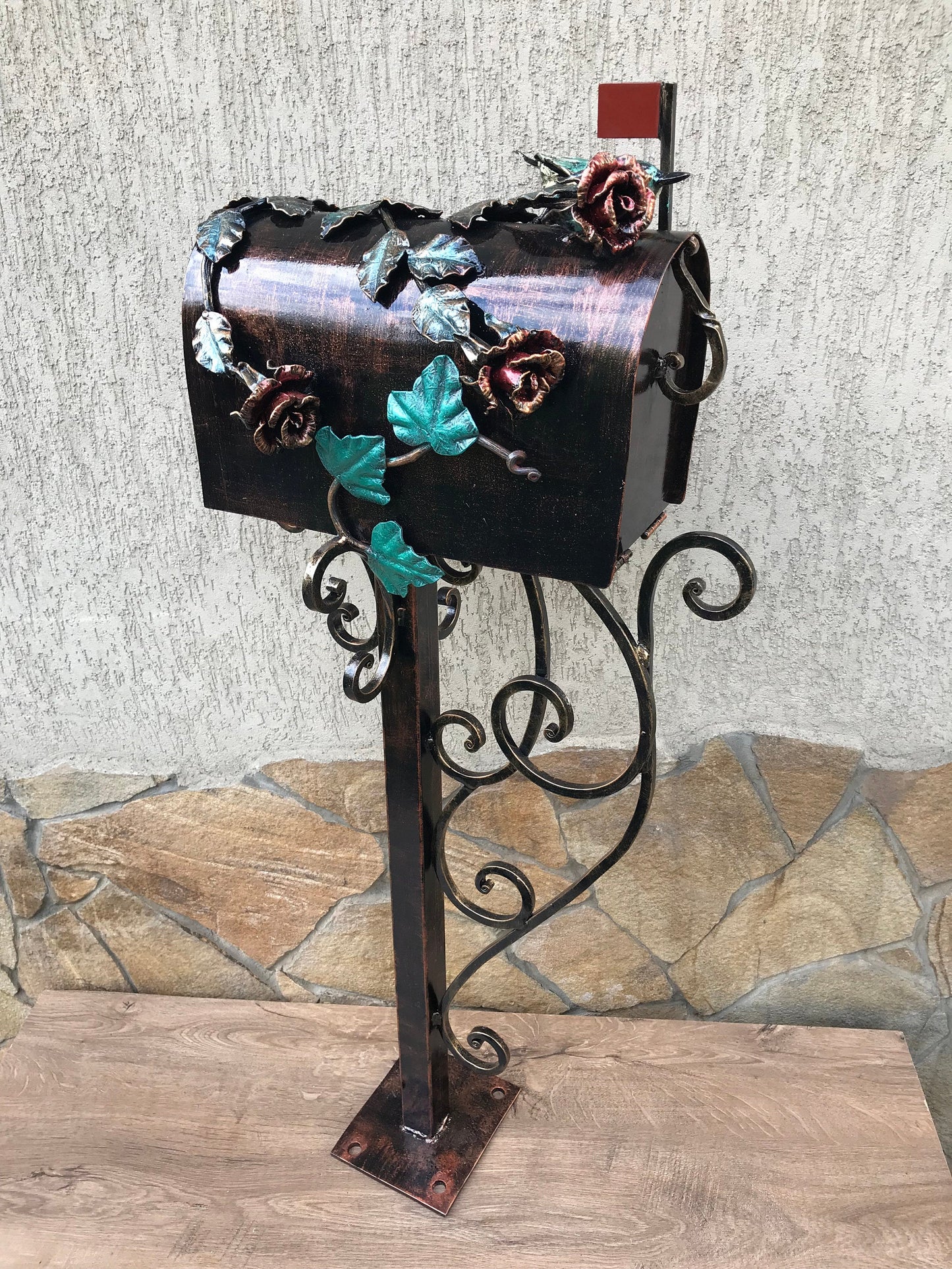 Mail box, mailbox, viking axe, floral decor, iron rose, iron bird, ivy, fairy, wedding mailbox, mail box post, fairy garden, dragonfly, axe