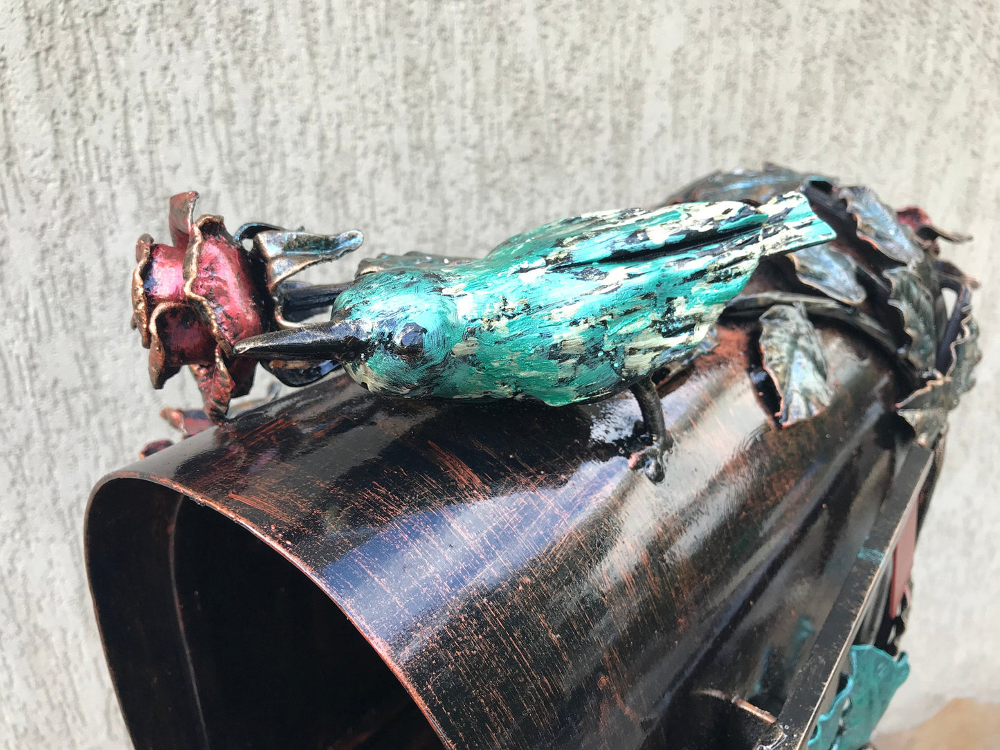 Mail box, mailbox, viking axe, floral decor, iron rose, iron bird, ivy, fairy, wedding mailbox, mail box post, fairy garden, dragonfly, axe