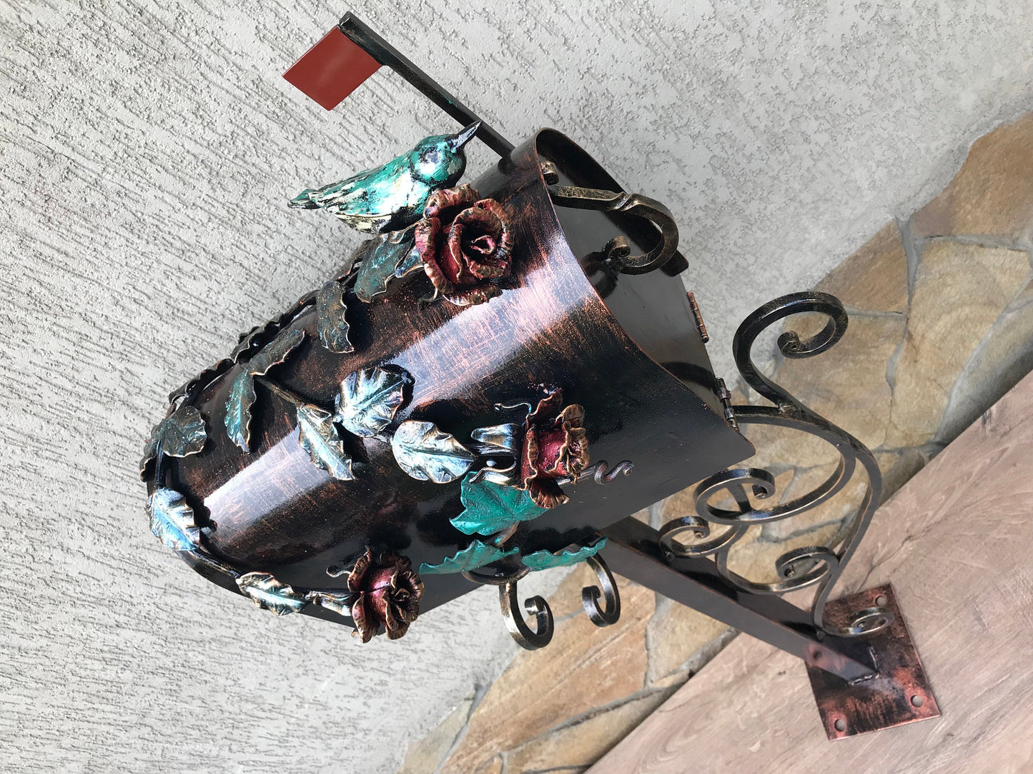 Mail box, mailbox, viking axe, floral decor, iron rose, iron bird, ivy, fairy, wedding mailbox, mail box post, fairy garden, dragonfly, axe