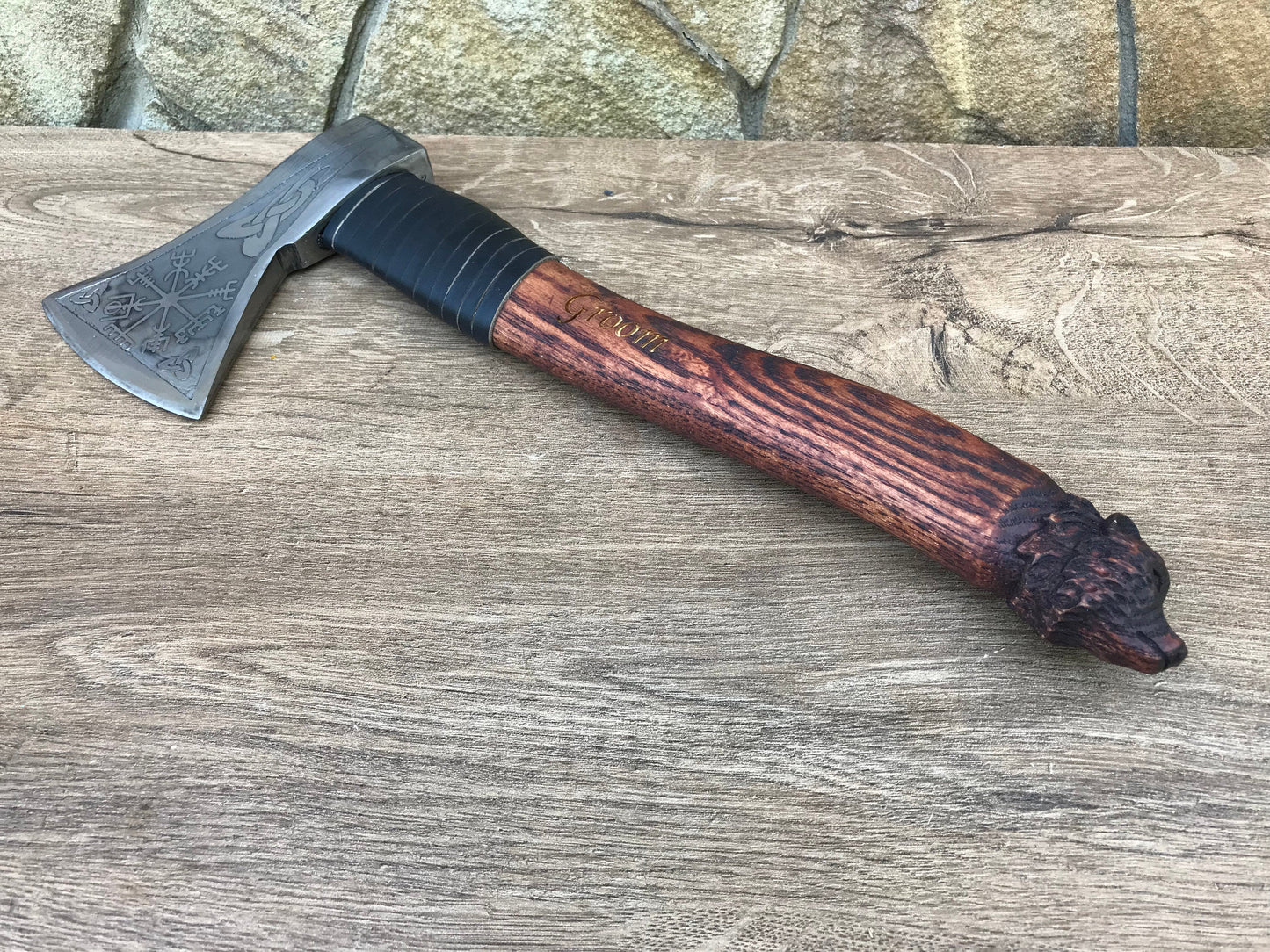 Wedding axe, viking axe, mens gifts, vegvisir, carved bear, groom gift, viking compass, wedding gift, groomsman gift, best man gift, axe