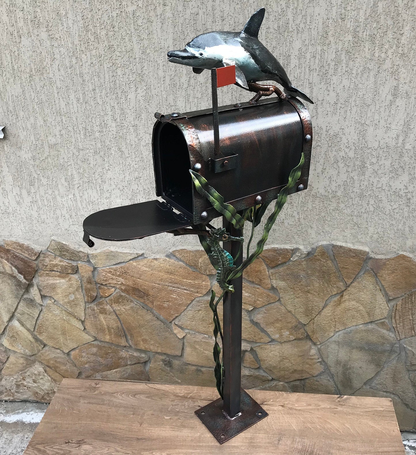 Mailbox, mail box, locking mailbox, nautical decor, coastal decor, iron gift, dolphin, sea horse, starfish, house number sign, mail box post