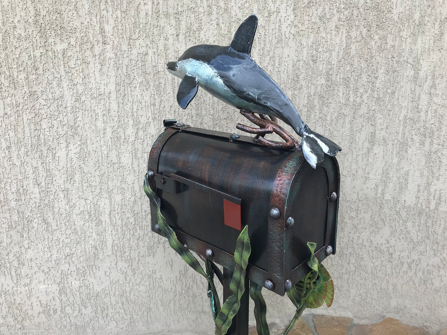 Mailbox, mail box, locking mailbox, nautical decor, coastal decor, iron gift, dolphin, sea horse, starfish, house number sign, mail box post