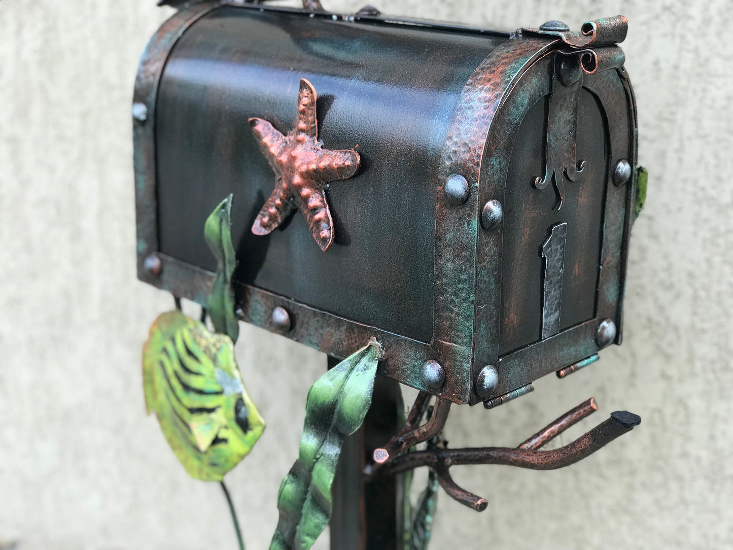 Mailbox, mail box, locking mailbox, nautical decor, coastal decor, iron gift, dolphin, sea horse, starfish, house number sign, mail box post