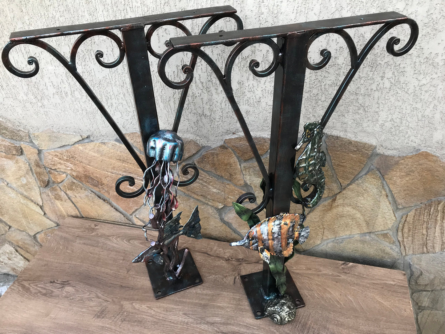 Metal legs, table legs, table base, metal table legs, steel table legs, ocean theme, coastal decor, jellyfish, seahorse,seaweeds,fish,shell