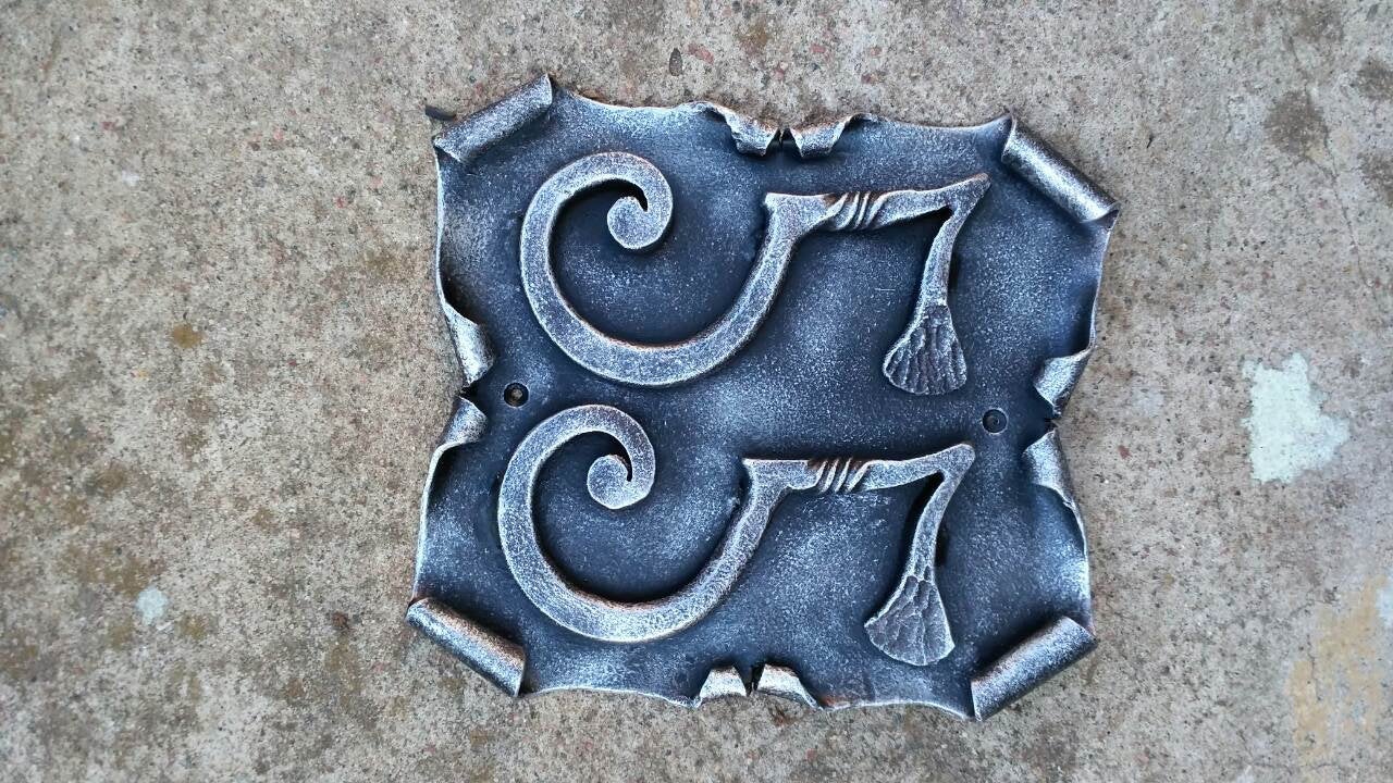 Outside plaque, outside house numbers, outside house signs, outside house decor, house number plaque, house number sign, metal plaque, axe