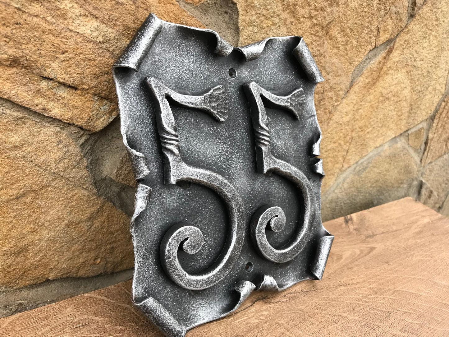 Outside plaque, outside house numbers, outside house signs, outside house decor, house number plaque, house number sign, metal plaque, axe