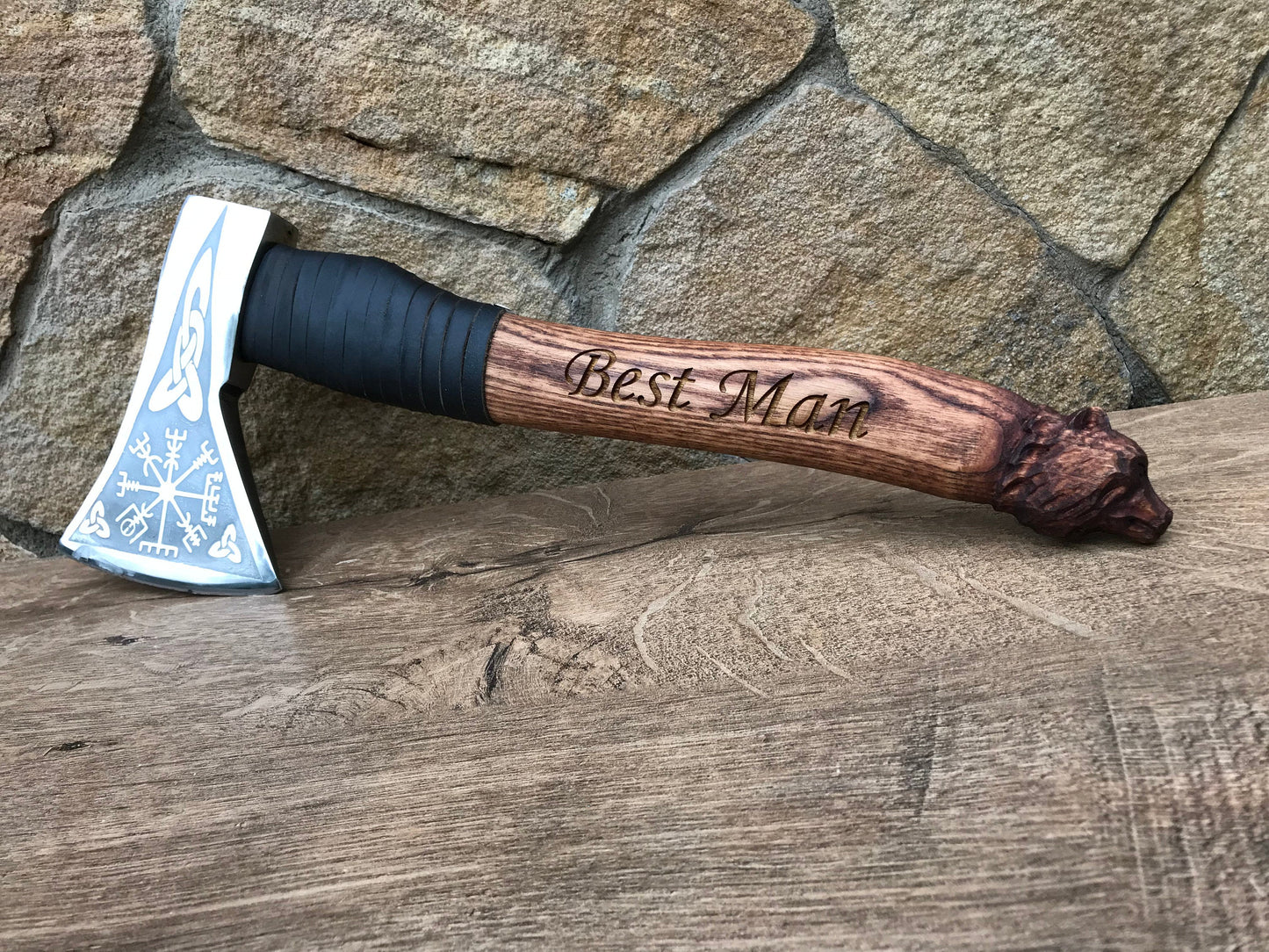 Wedding axe, viking axe, mens gifts, vegvisir, carved wolf, groom gift, viking compass, wedding gift, groomsman gift, best man gift, axe