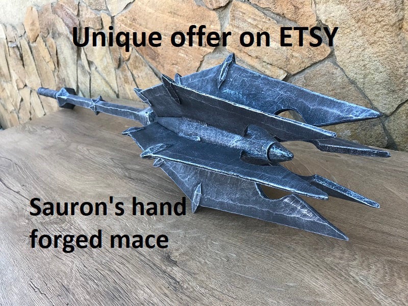Sauron's mace, pretend play, mace, Sauron, hand forged mace, flail, prop, cosplay mace, cosplay, cosplay weapon, axe