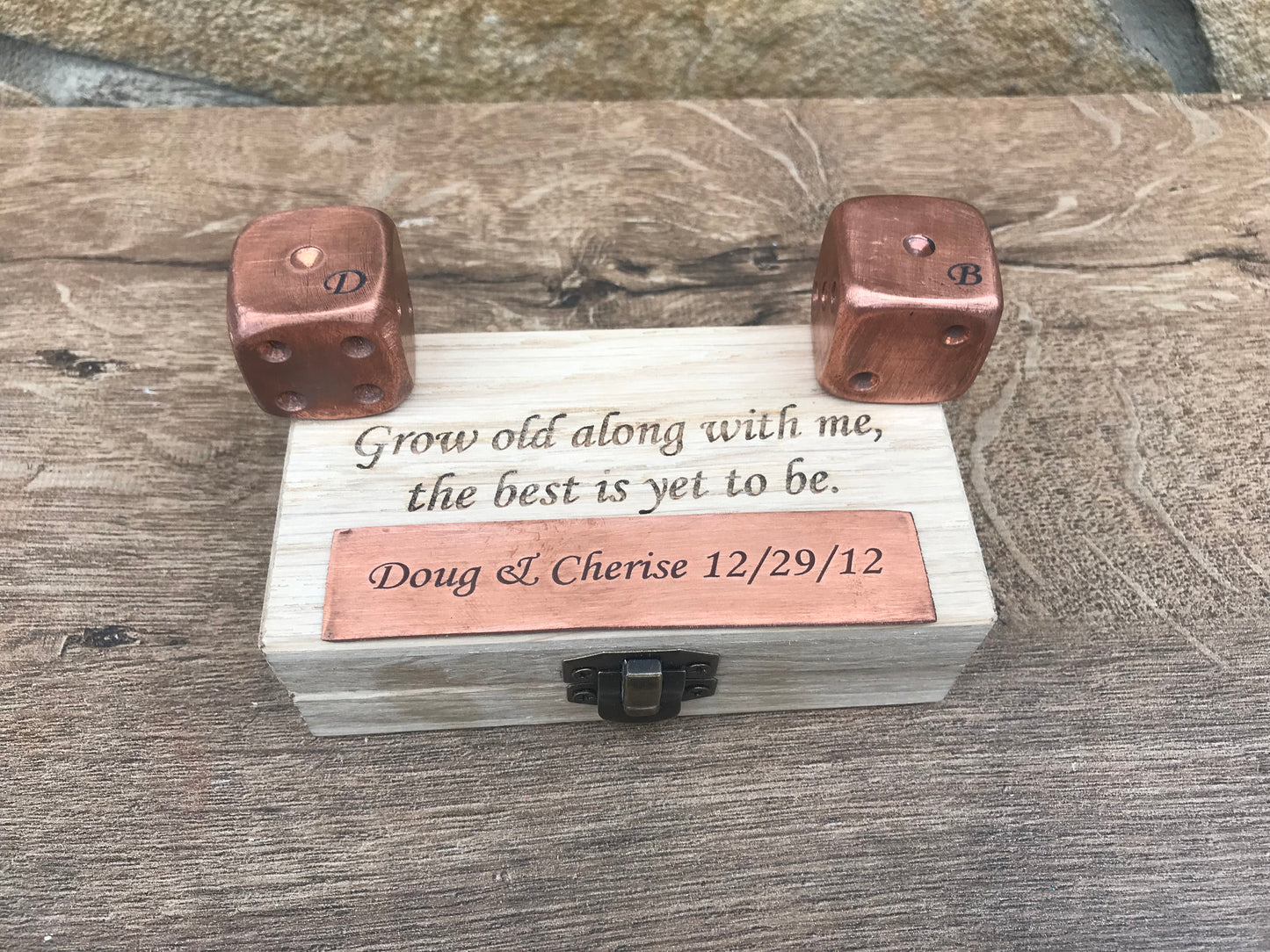 Copper anniversary gift, 7th anniversary, engraved copper gift, copper gifts, copper dices, dice, engraved dice box, engraved dices, copper
