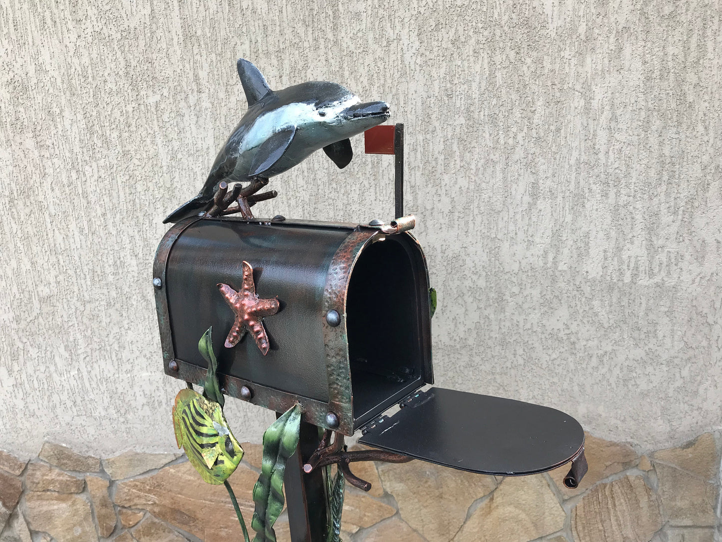 Mailbox, mail box, locking mailbox, nautical decor, coastal decor, iron gift, dolphin, sea horse, starfish, house number sign, mail box post