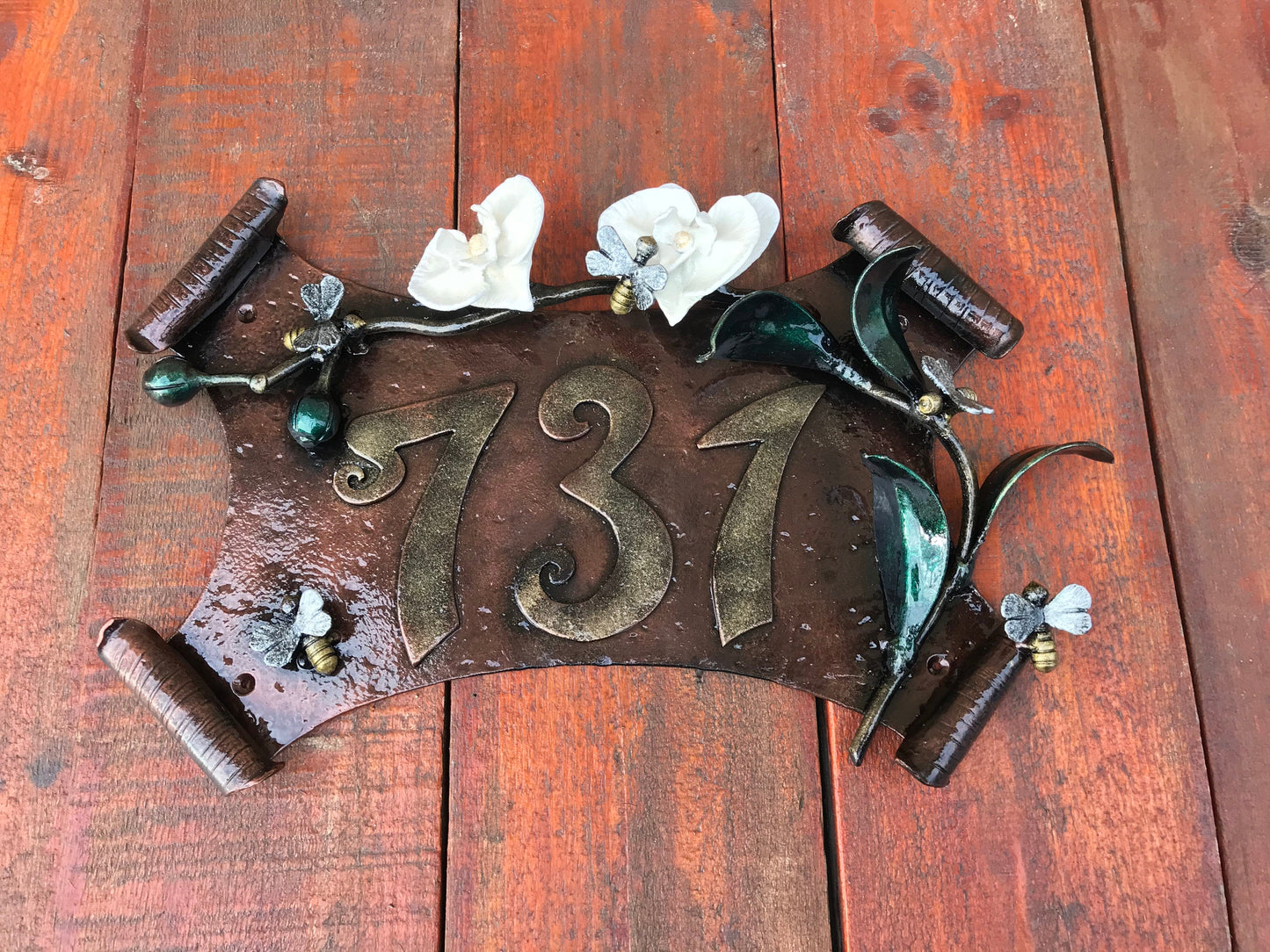 House number plaque, house number sign, hand forged plaque, hand forged sign, house numbers, new home gift, orchid, bee, gift for grandma
