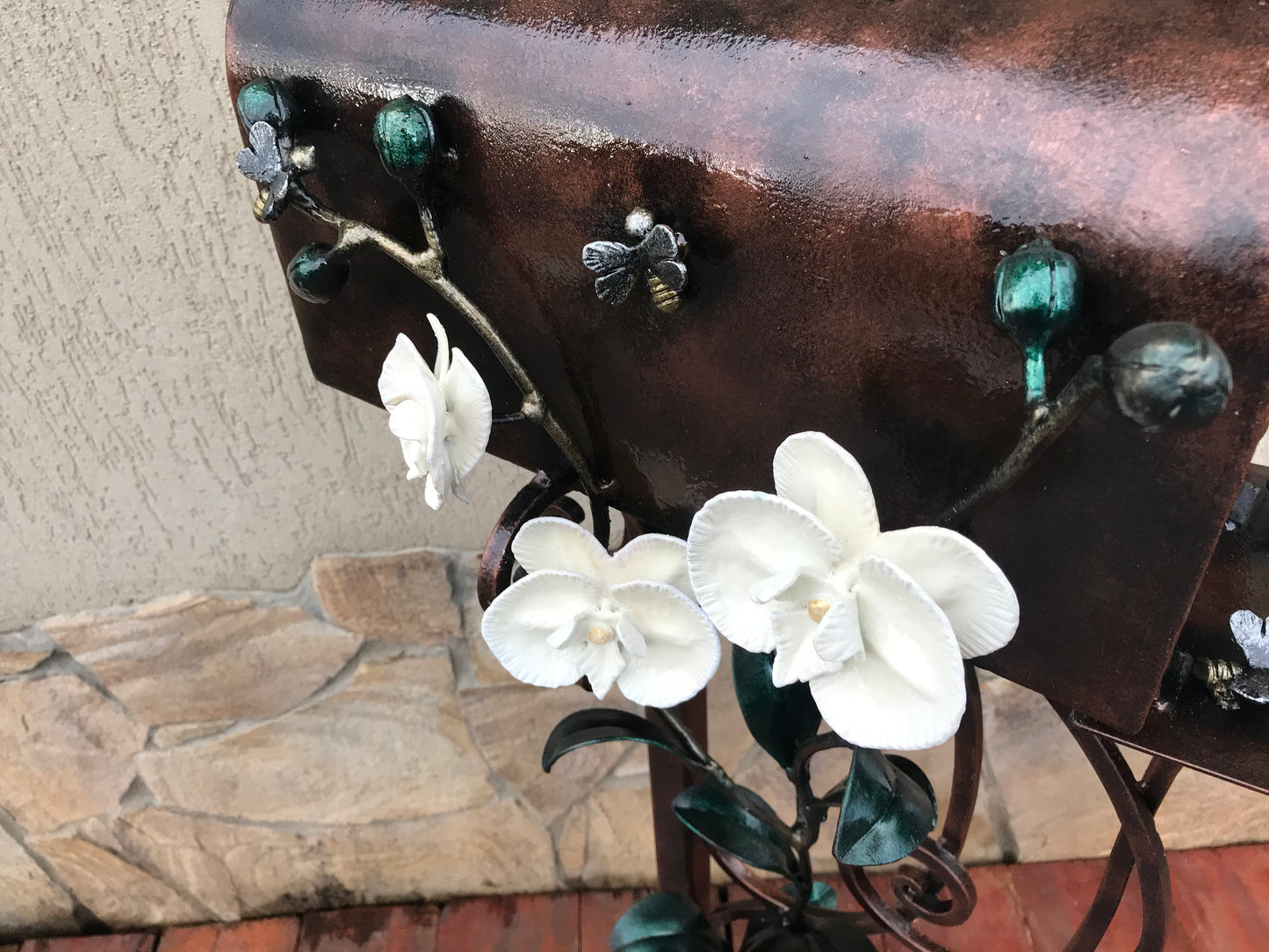 Mail box, mailbox, orchid, bee, bird, hand forged mailbox, floral decor, fairy garden, wedding gift, mail box post, post box, gift for mom
