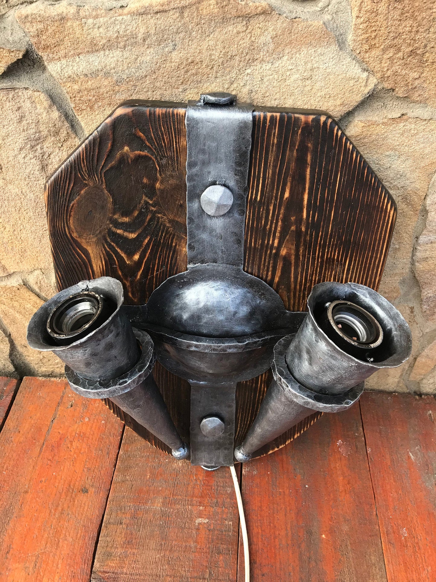 Wall sconce, medieval, midcentury, prehistoric, cave, castle, viking, rustic, porch lantern, shield, medieval gift, cave wall art, torch