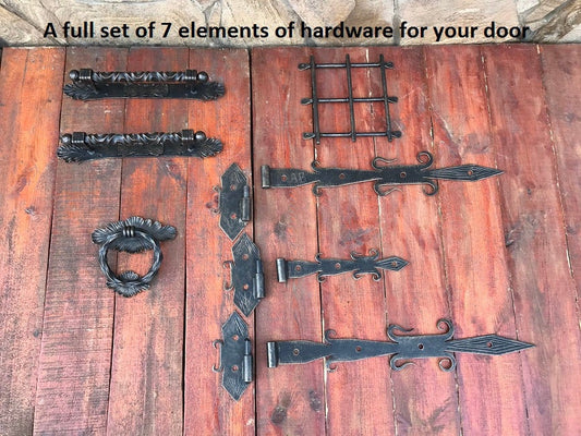 Door hardware, door accessories, door handle, door knocker, hinges, metal grate, door pull, blacksmith hardware, knob, entrance door pull