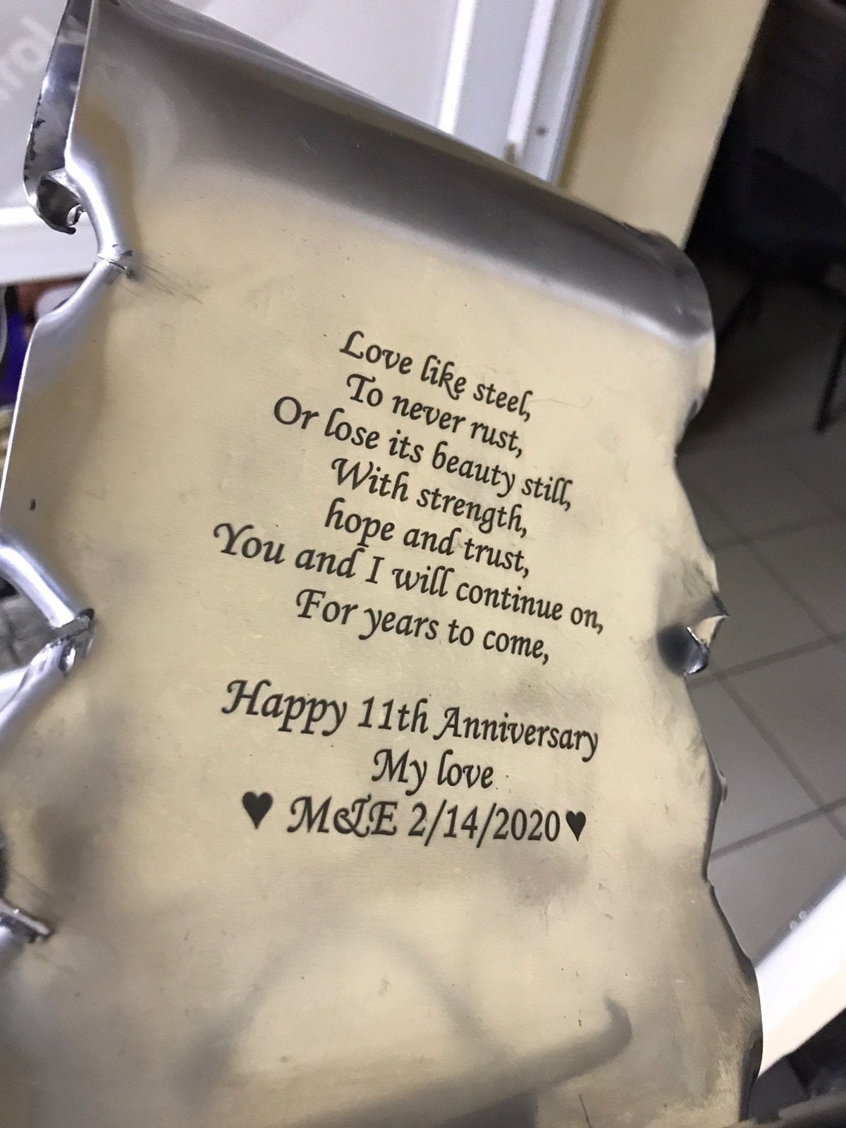 11th anniversary, steel anniversary, engraved steel scroll, steel gift, steel scroll, eleventh anniversary, steel scroll, stainless steel