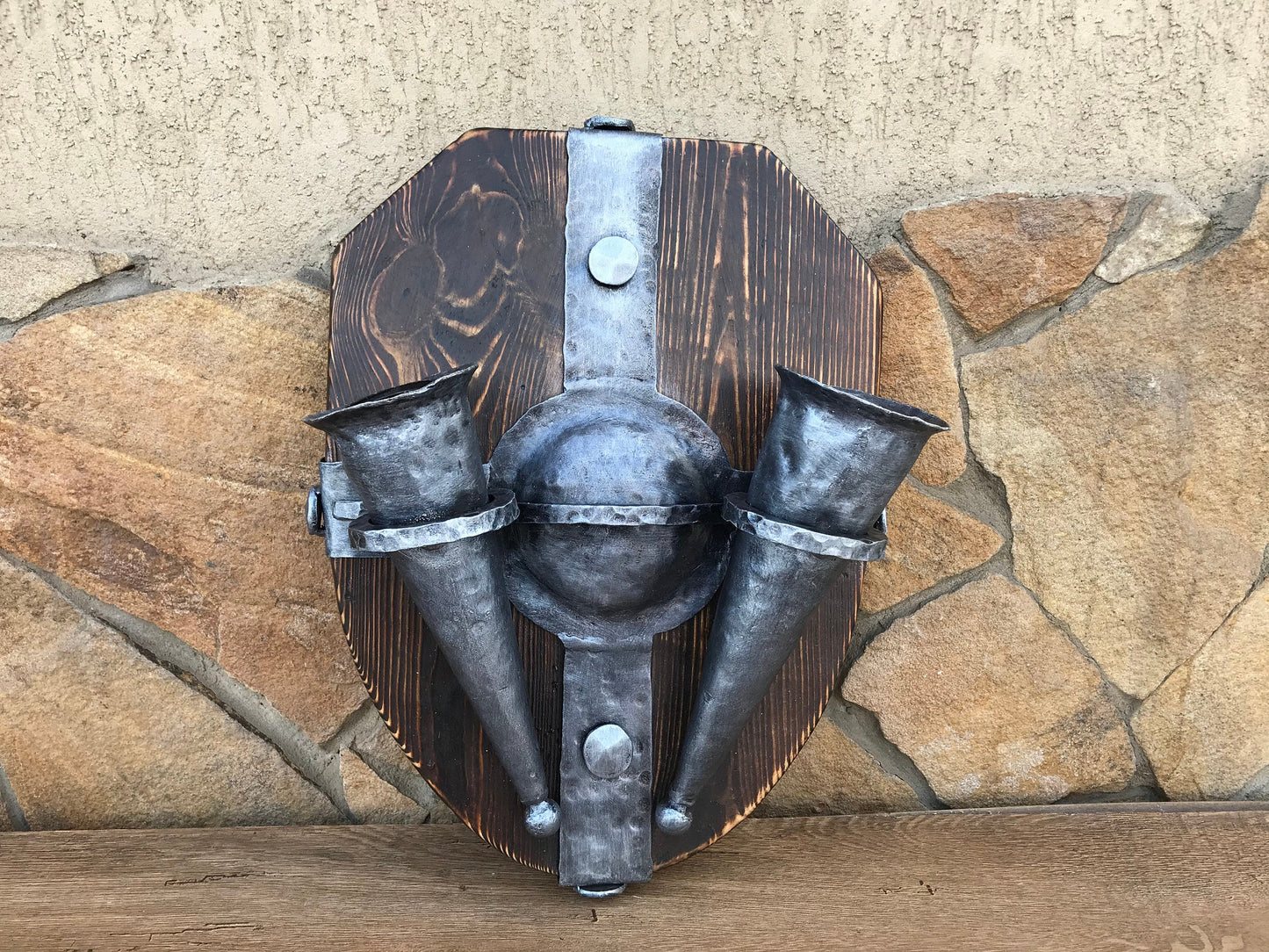 Wall sconce, medieval, midcentury, prehistoric, cave, castle, viking, rustic, porch lantern, shield, medieval gift, cave wall art, torch