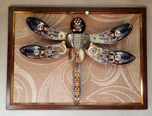 Steampunk painting, steampunk dragonfly, dragonfly, steampunk, industrial art, steampunk room decor,junk art,steampunk art,recycled,upcycled