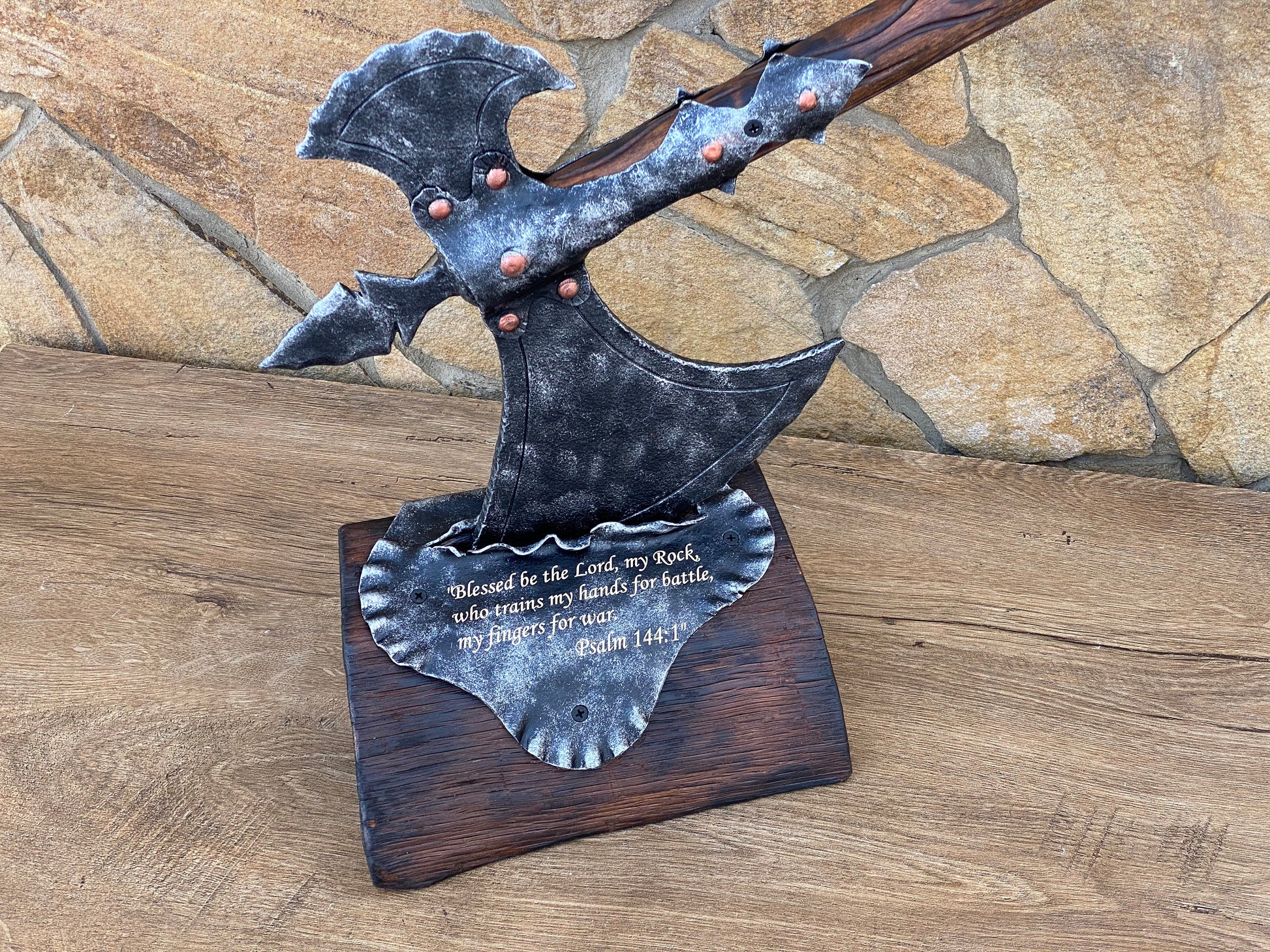 Axe holder, axe stand, viking axe, medieval decor, personalized gift, engraved gift, iron gift, wooden gift,  gift for him, gift for men