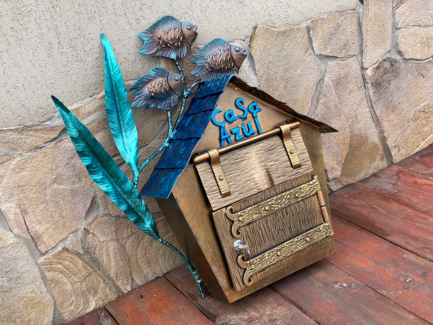 Mailbox, post box, mail box, coastal decor, fish, seaweeds, iron gift, house numbers, house number sign, anniversary, birthday, garden, yard
