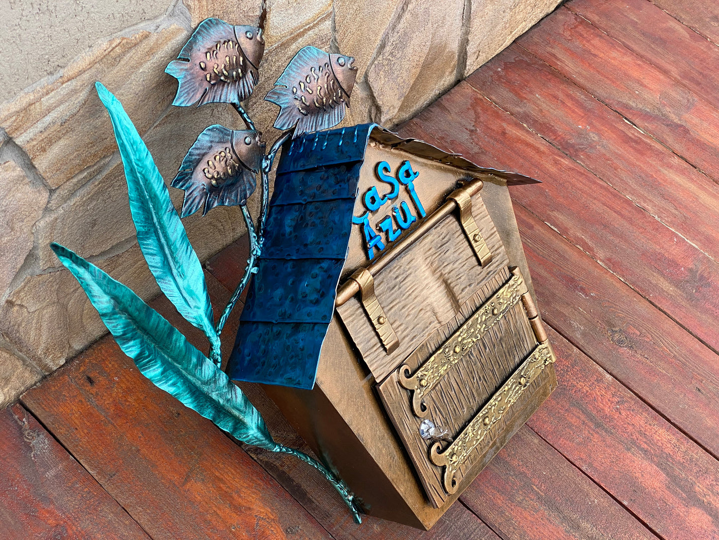 Mailbox, post box, mail box, coastal decor, fish, seaweeds, iron gift, house numbers, house number sign, anniversary, birthday, garden, yard