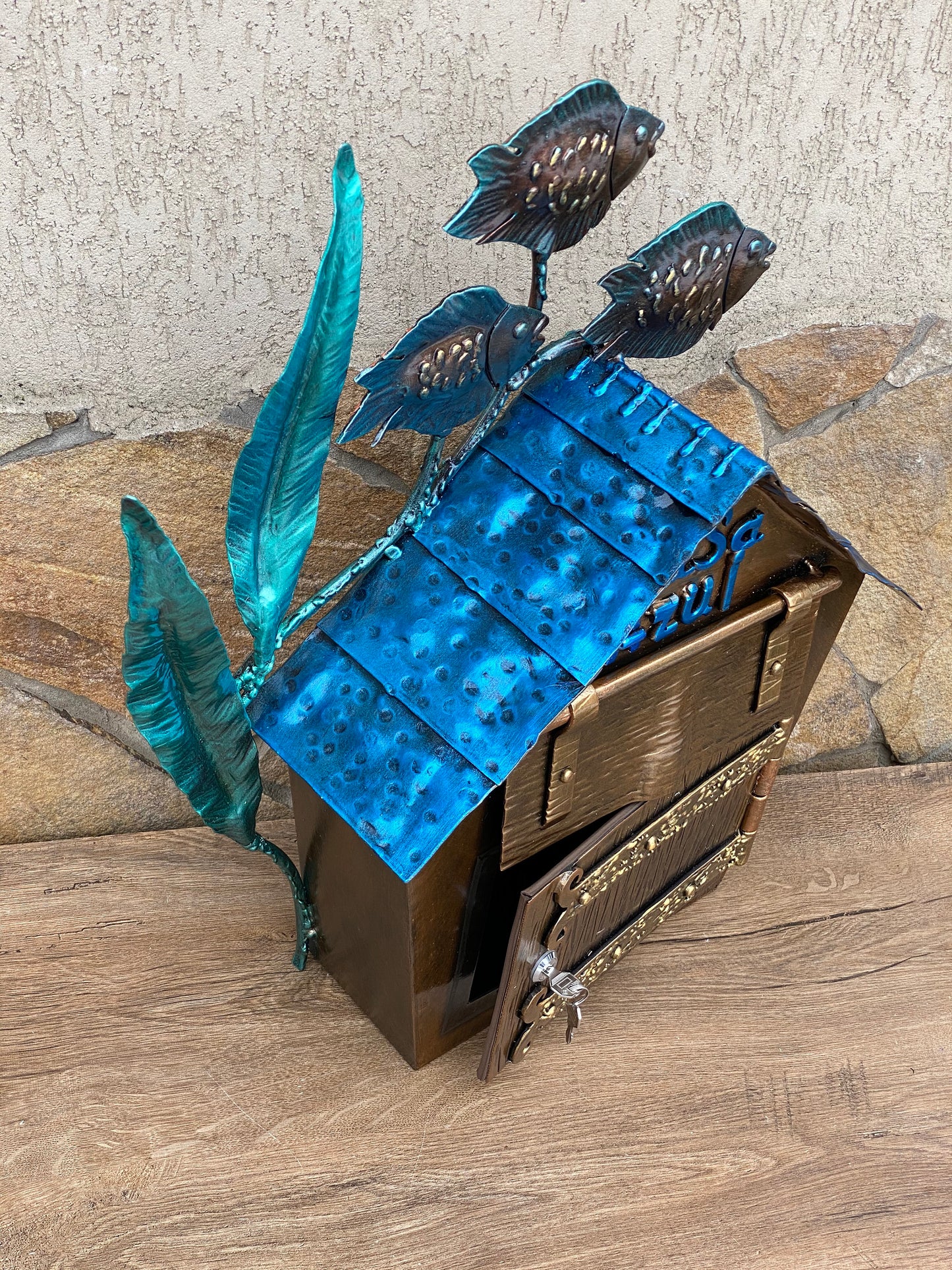 Mailbox, post box, mail box, coastal decor, fish, seaweeds, iron gift, house numbers, house number sign, anniversary, birthday, garden, yard