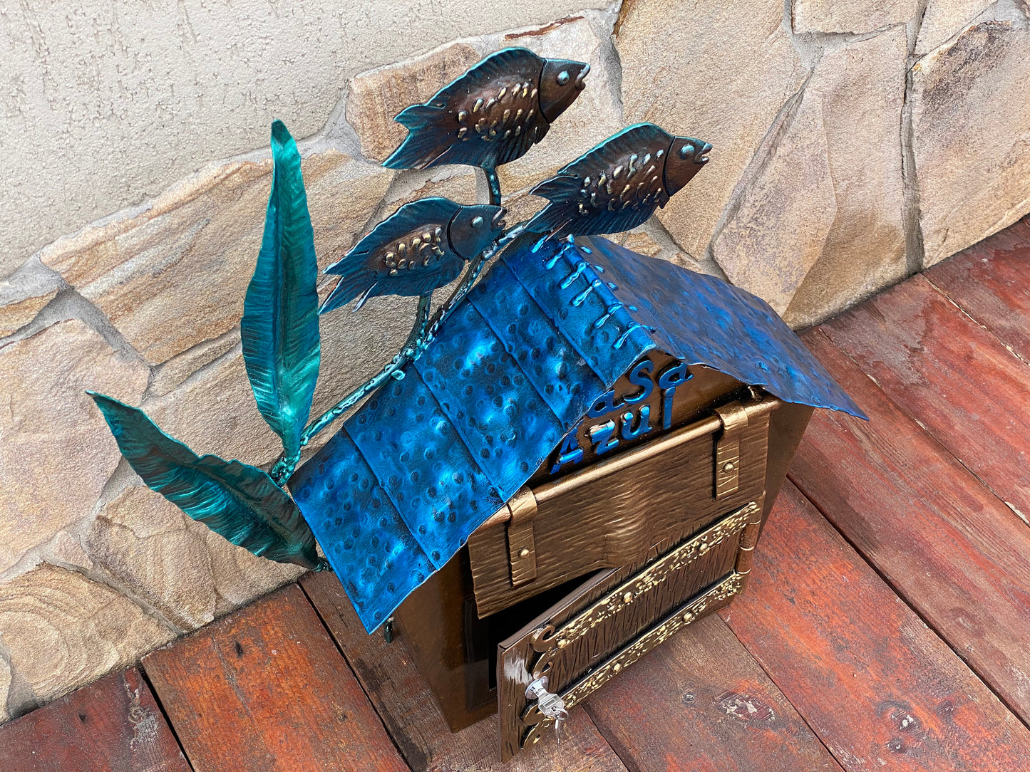 Mailbox, post box, mail box, coastal decor, fish, seaweeds, iron gift, house numbers, house number sign, anniversary, birthday, garden, yard