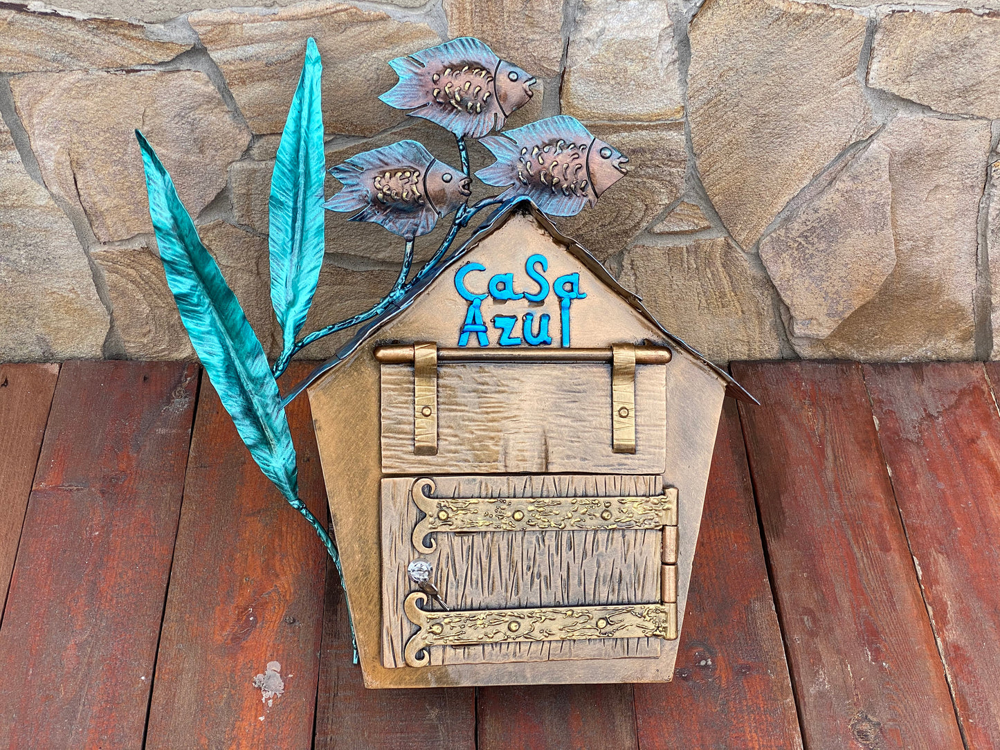 Mailbox, post box, mail box, coastal decor, fish, seaweeds, iron gift, house numbers, house number sign, anniversary, birthday, garden, yard