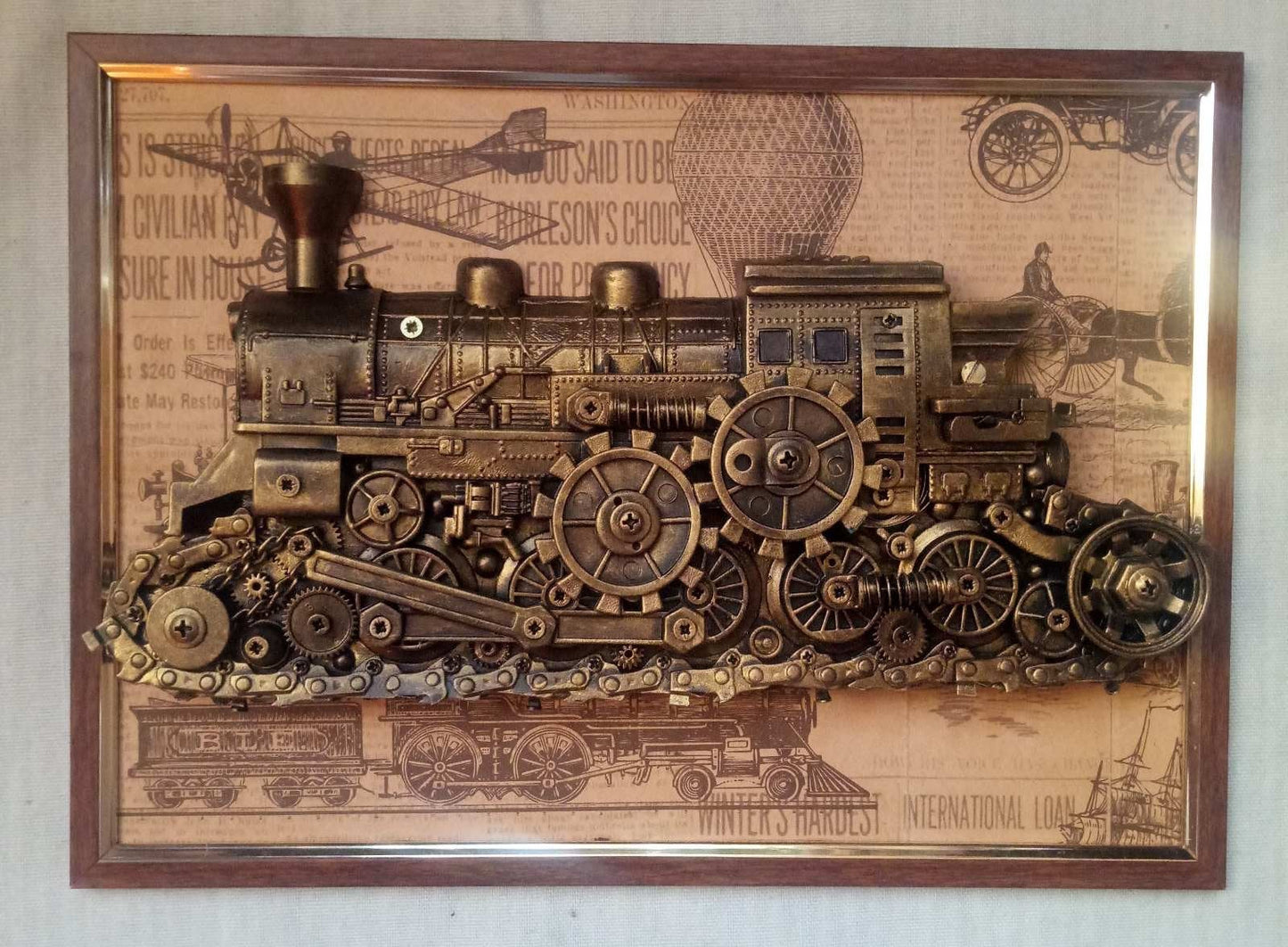 Steampunk painting, steampunk train, railroad, railway, gears, train, steampunk, junk, recycled, steampunk art, steam punk, Christmas