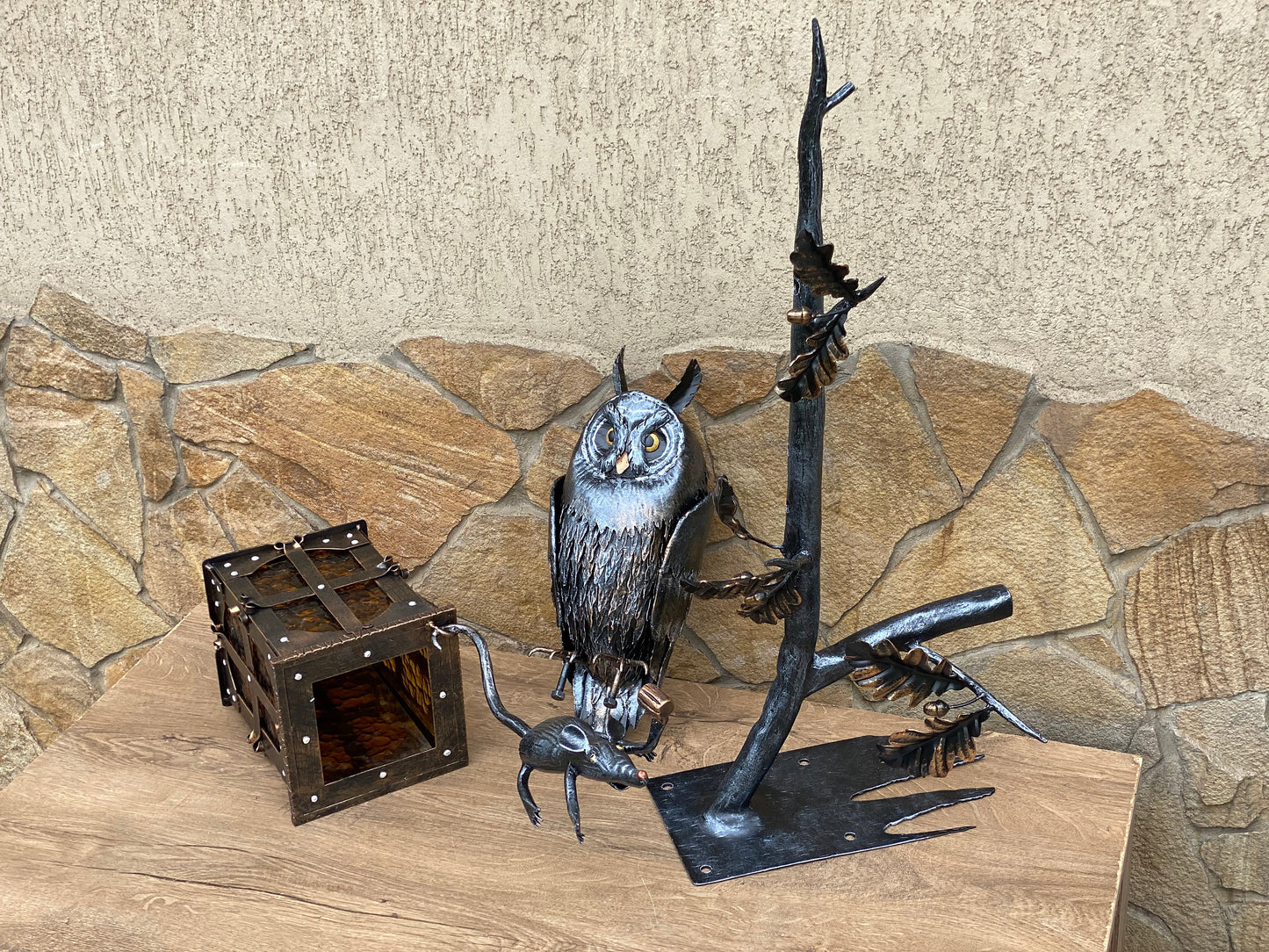 Wall sconce, outdoor sconce, outside sconce, outdoor sculpture, owl, mouse, wild nature, birthday, Christmas, forest, animal, garden, yard