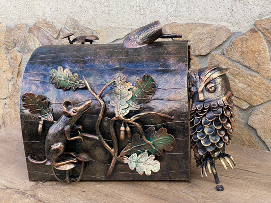Mailbox, post box, lock box, mail box, iron gift, house numbers, house number sign, Christmas, anniversary, birthday, acorn, oak, mouse, owl