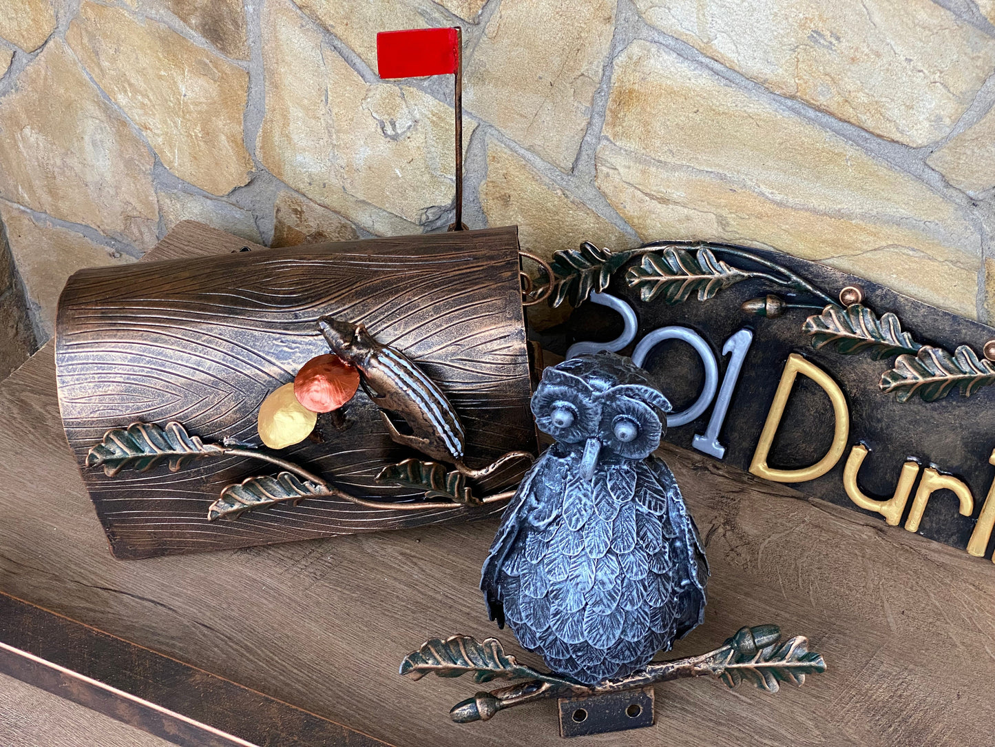 Mailbox, owl, house number plaque, wild nature, mail box, new home gift, wedding, Christmas, forest decor, iron gift, iron anniversary, oak