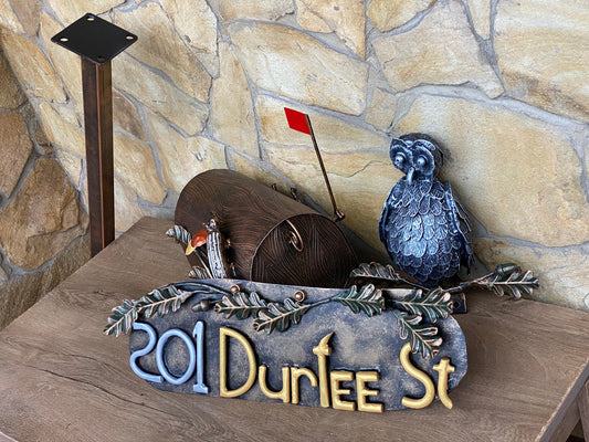 Mailbox, owl, house number plaque, wild nature, mail box, new home gift, wedding, Christmas, forest decor, iron gift, iron anniversary, oak