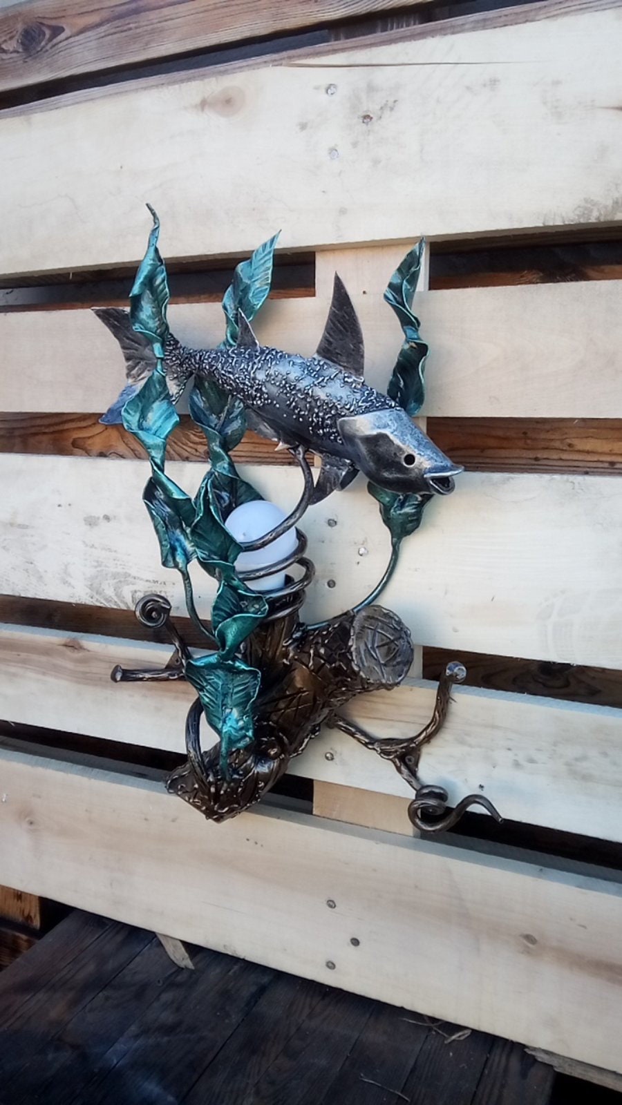 Wall sconce, fish, ocean, coastal decor, trident, iron gift, Christmas, anniversary, birthday, sconce, wedding, newlyweds gift, moms gift