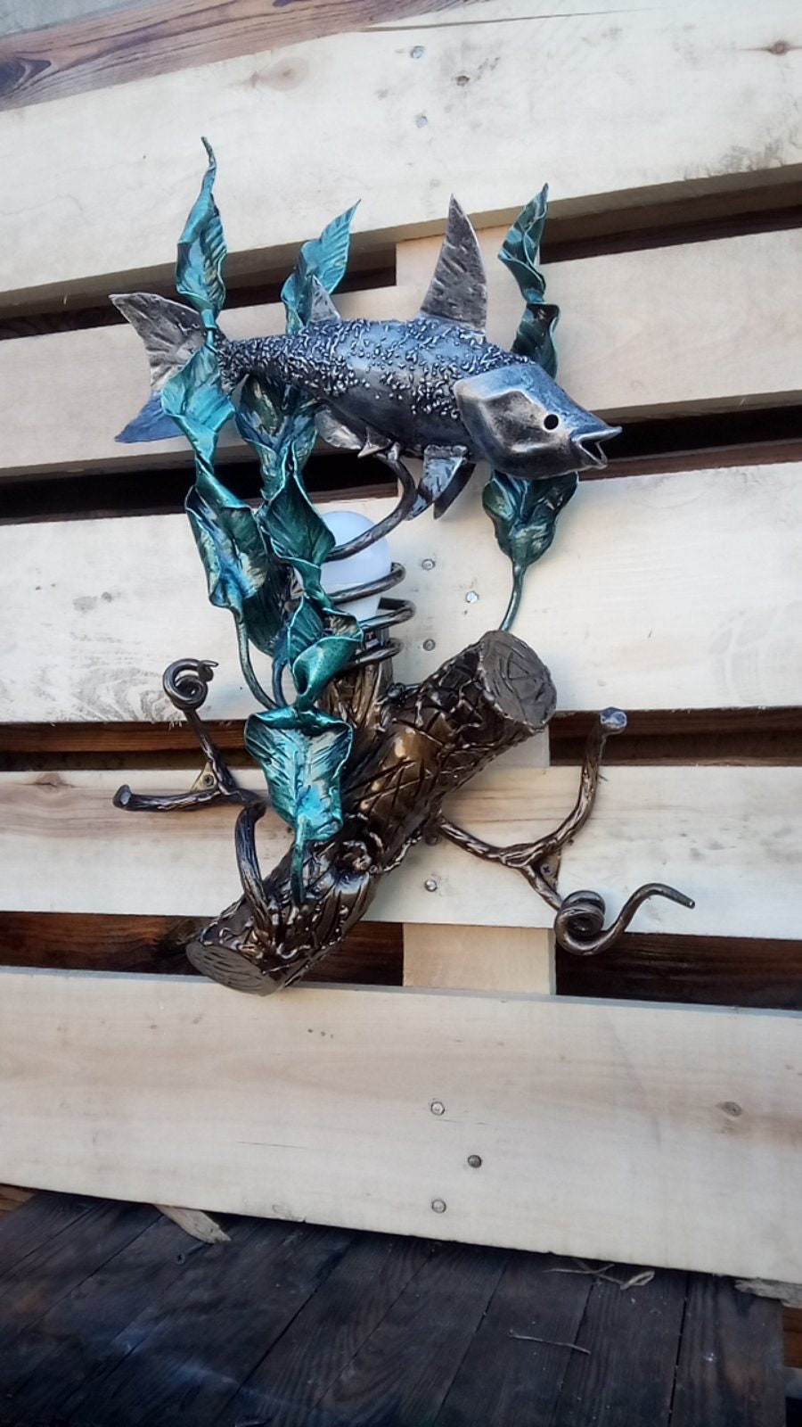 Wall sconce, fish, ocean, coastal decor, trident, iron gift, Christmas, anniversary, birthday, sconce, wedding, newlyweds gift, moms gift