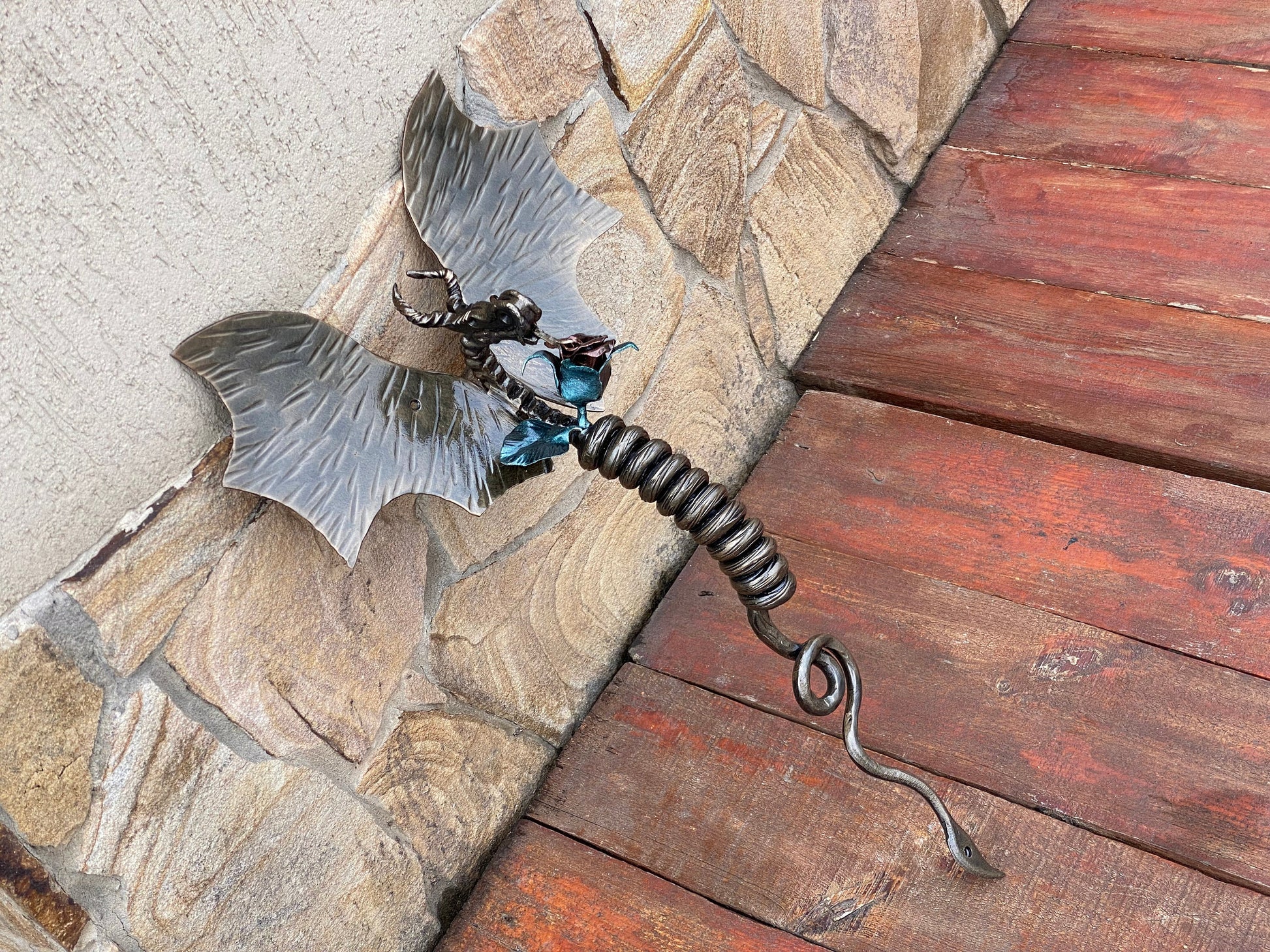 Door handle, dragon, rose, medieval, Christmas, birthday, anniversary, castle, viking, cottage, antique, cave, steel gift, steel rose,flower