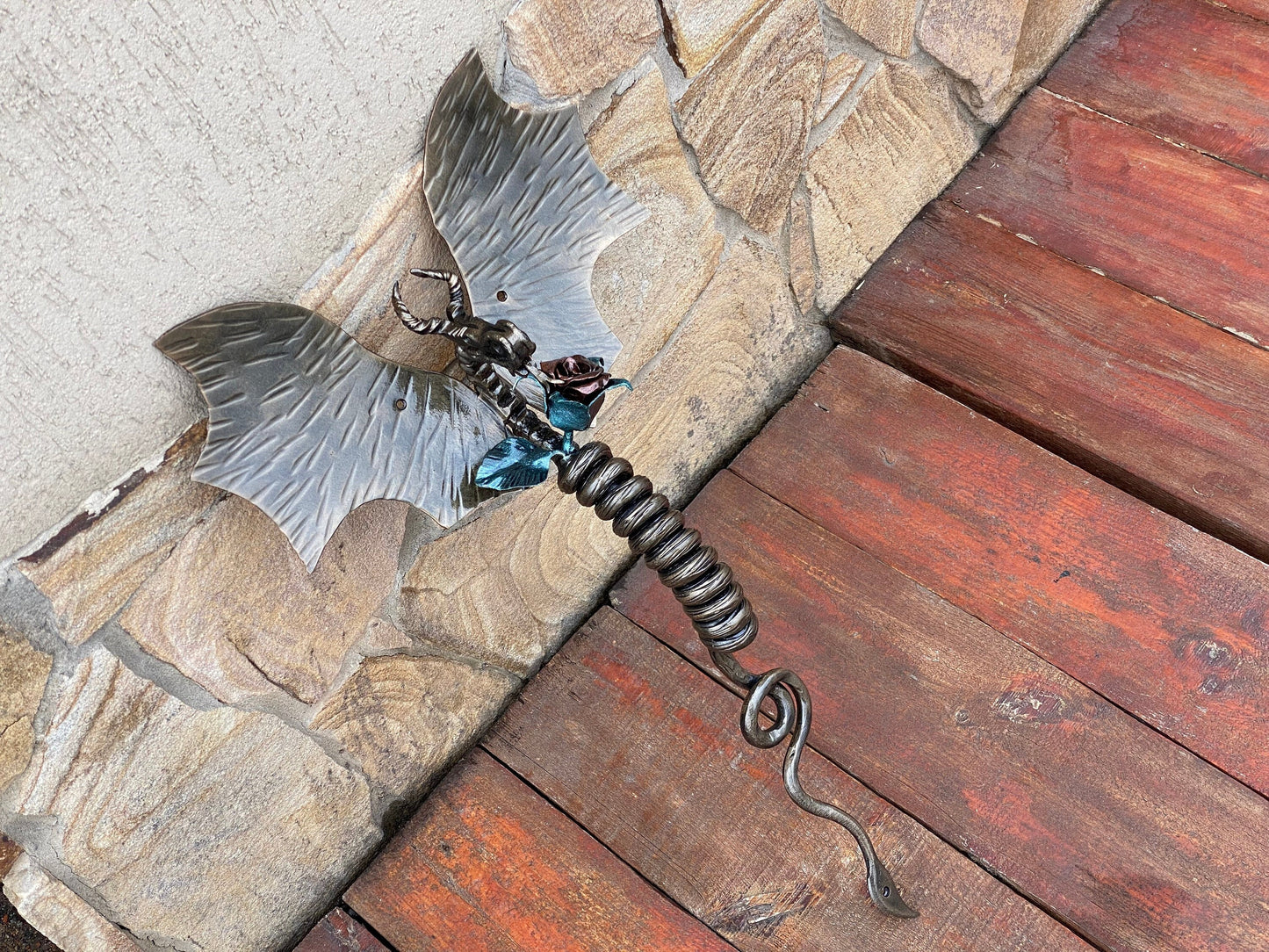 Door handle, dragon, rose, medieval, Christmas, birthday, anniversary, castle, viking, cottage, antique, cave, steel gift, steel rose,flower