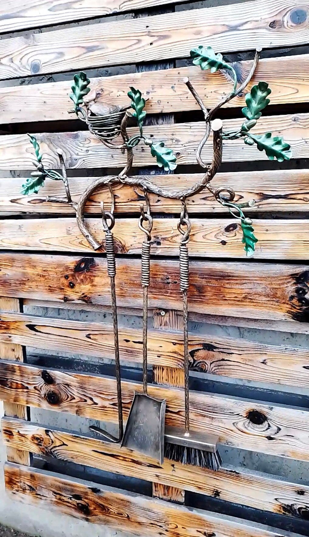 Fireplace tools, fire poker, fireplace, iron gift, oak decor, birthday, anniversary, Christmas, Fathers Day, mens gift, firewood holder