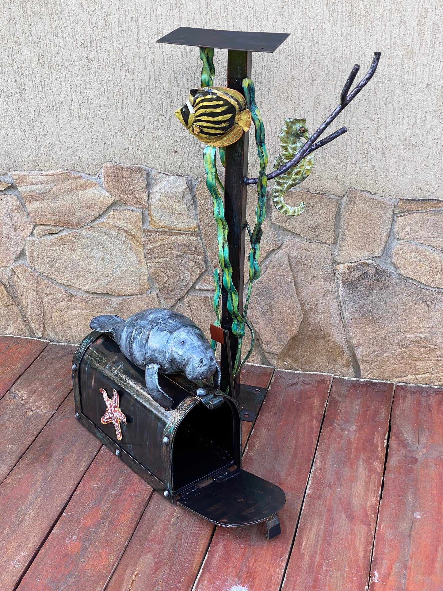 Mailbox, mail box, nautical decor, coastal decor, steel gift, manatee, seahorse, starfish, fish, house number sign, birthday, Christmas