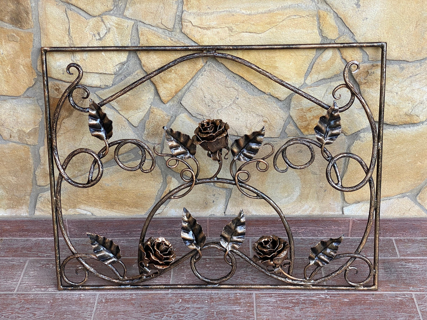 Window decor, window grille, metal panel, window cover, grate, panel, railing, balcony, terrace, privacy screen, fireplace, metal flower