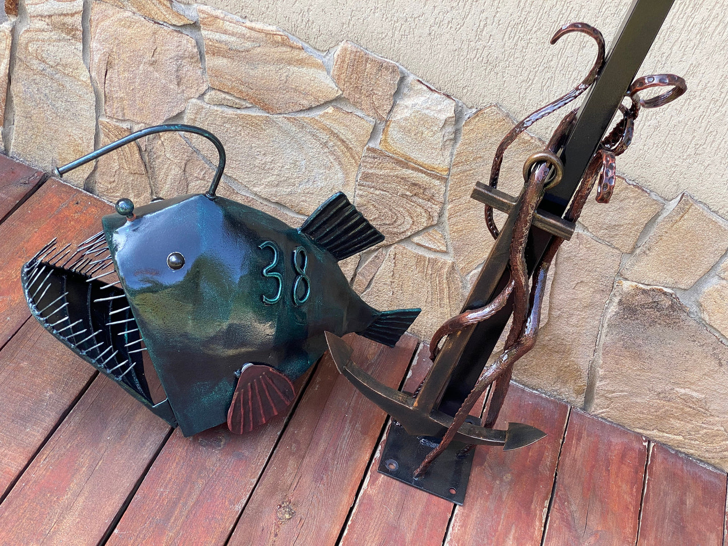 Mailbox, mail box, Christmas, tentacle, octopus, nautical decor, coastal decor, iron gift, fish, house number sign, anchor, anniversary, axe