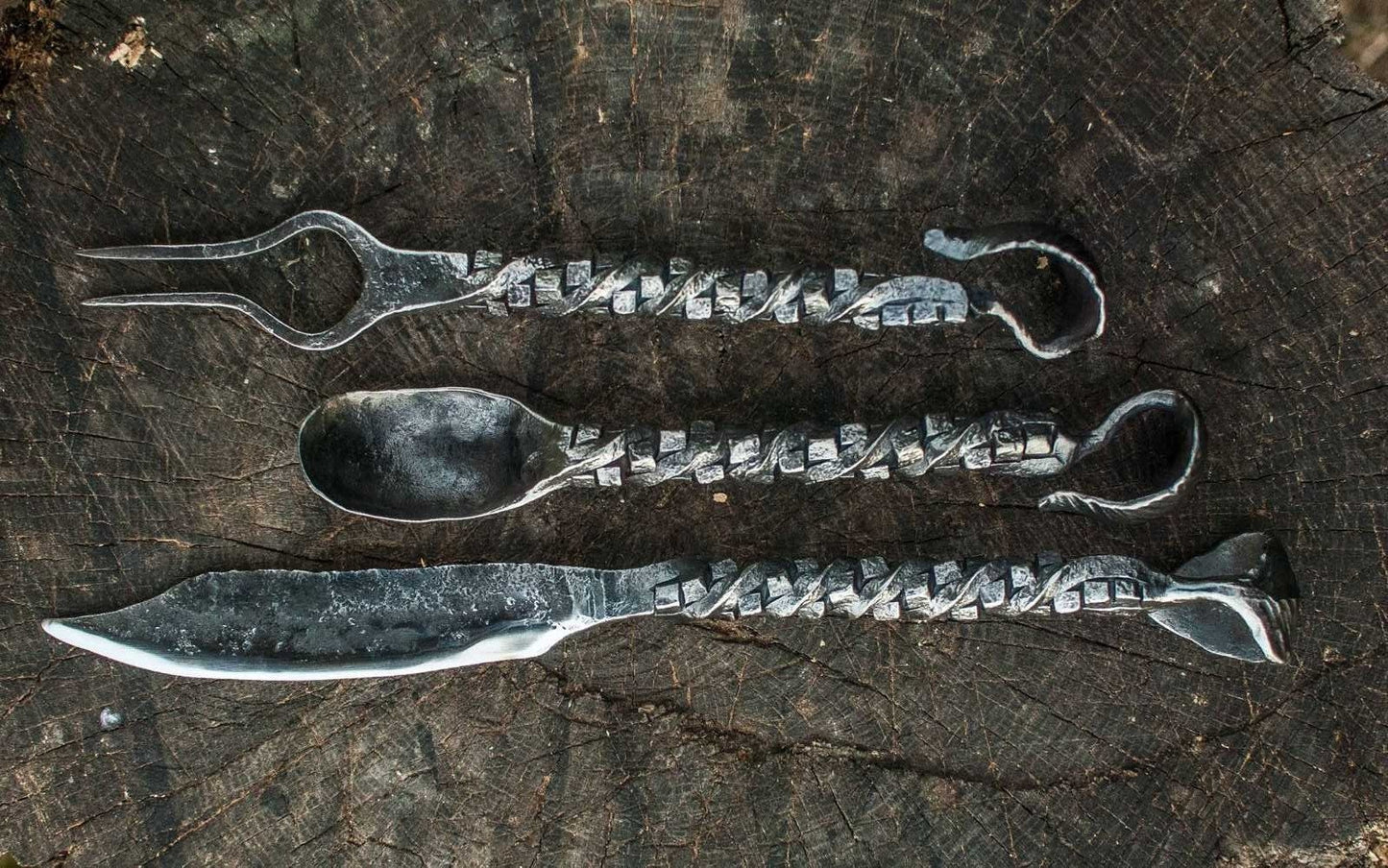 Spoon, fork, knife, cutlery, medieval, viking food, grill tools, fireplace, BBQ, skewers, birthday, anniversary, Christmas, camping, picnic