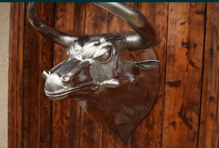 Bull, stainless steel, sculpture, animal, wild nature, birthday, Christmas, dragon, hunter gift, hunting, anniversary, steel gift, zoo