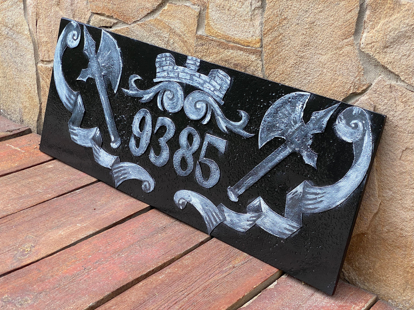 House number plaque, medieval, castle, renovation, house number sign, street number, Christmas, anniversary, birthday, garden, axe, viking