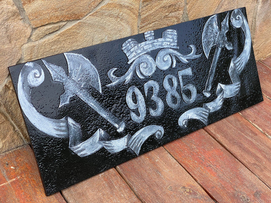 House number plaque, medieval, castle, renovation, house number sign, street number, Christmas, anniversary, birthday, garden, axe, viking
