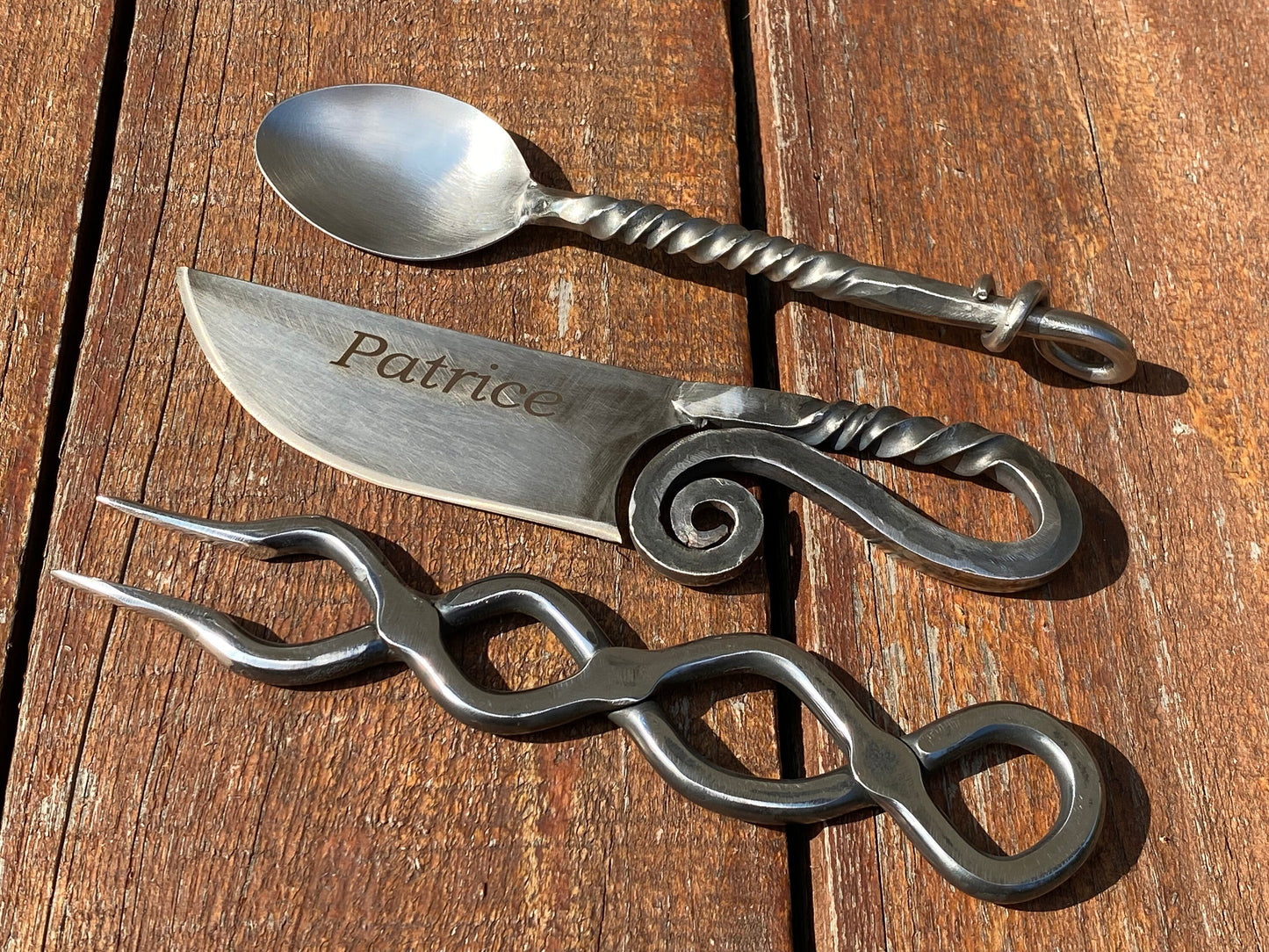 Stainless steel, flatware, cutlery, BBQ fork, fork, spoon, knife, medieval, barbeque, camping, hiking, travelers gift, birthday, anniversary